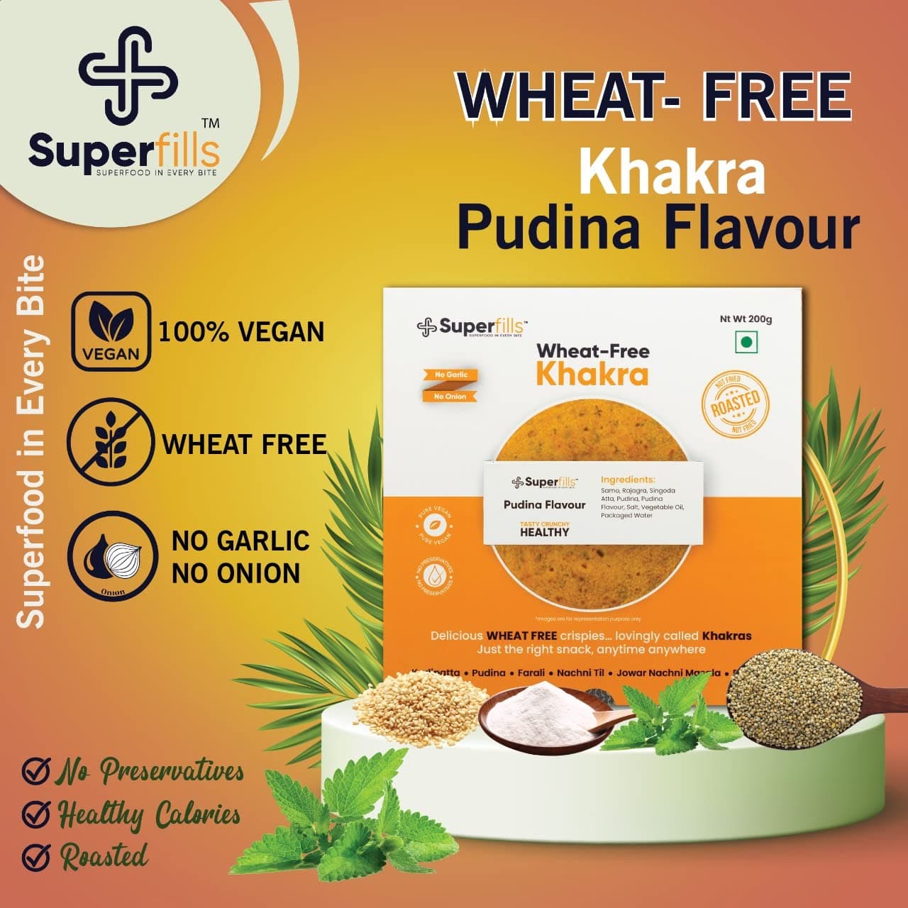 Superfills Wheat - Free Combo of 2 Farali+2 Pudina Flavour Khakra, Healthy Gujrati Crispy Indian Snacks | Ready to Eat | No Garlic & No Onion, 800 G — image 5
