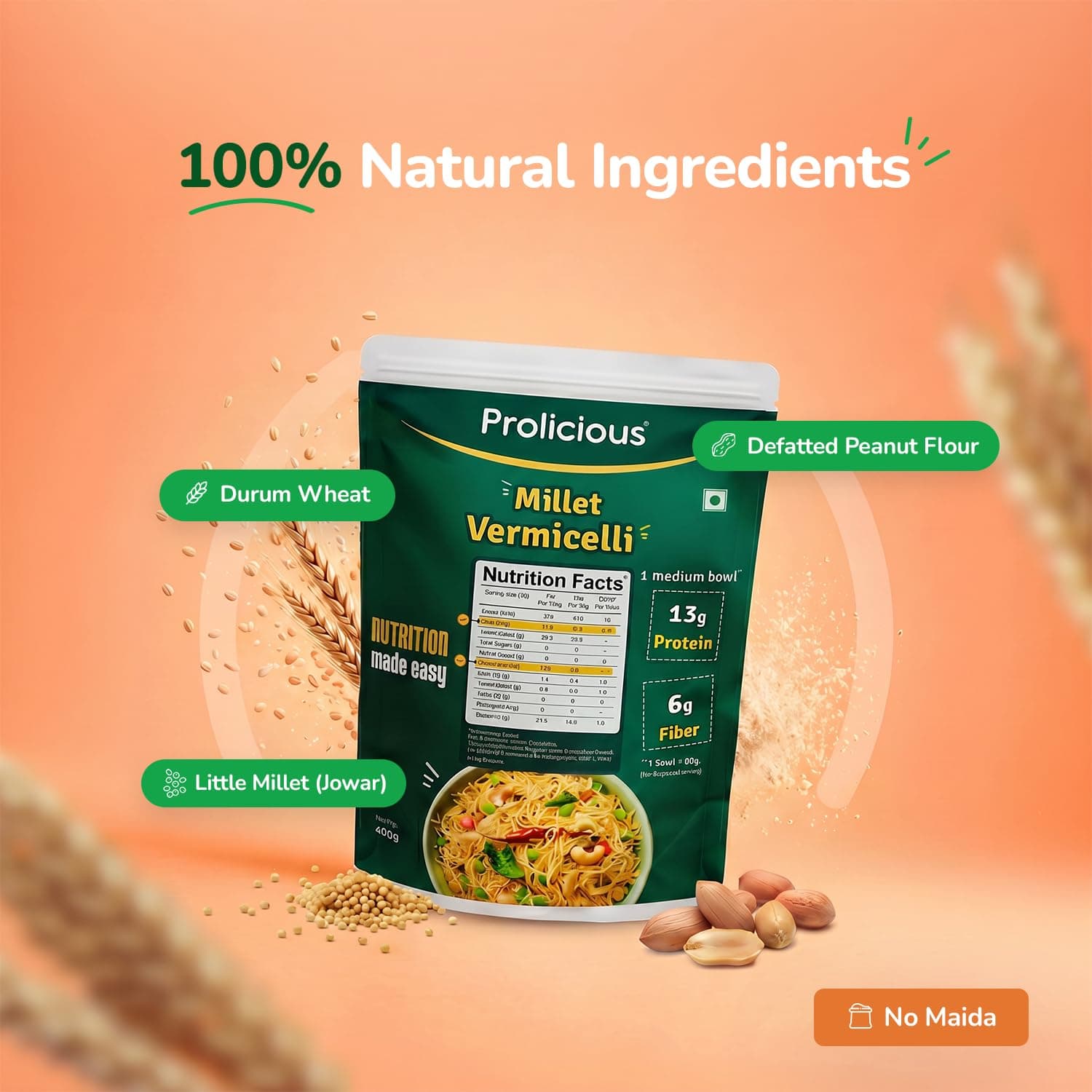 Prolicious Millet Vermicelli | High Protein & High Fiber | Nutritious | Plant Based | No Palm Oil | No Maida | Quick & Healthy Breakfast Option | 400g each (Pack of 3) — image 5
