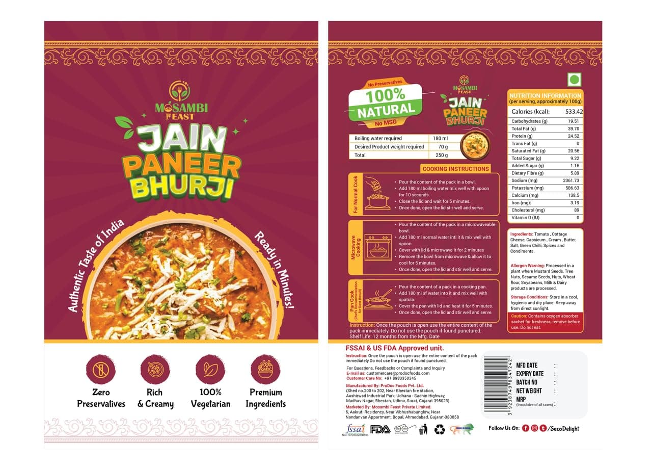 MOSAMBI FEAST Ready-to-Eat Jain Paneer Bhurji | 100% Natural Zero Preservatives | Rich Creamy Authentic Indian Flavors | Healthy Vegetarian Meal — image 4