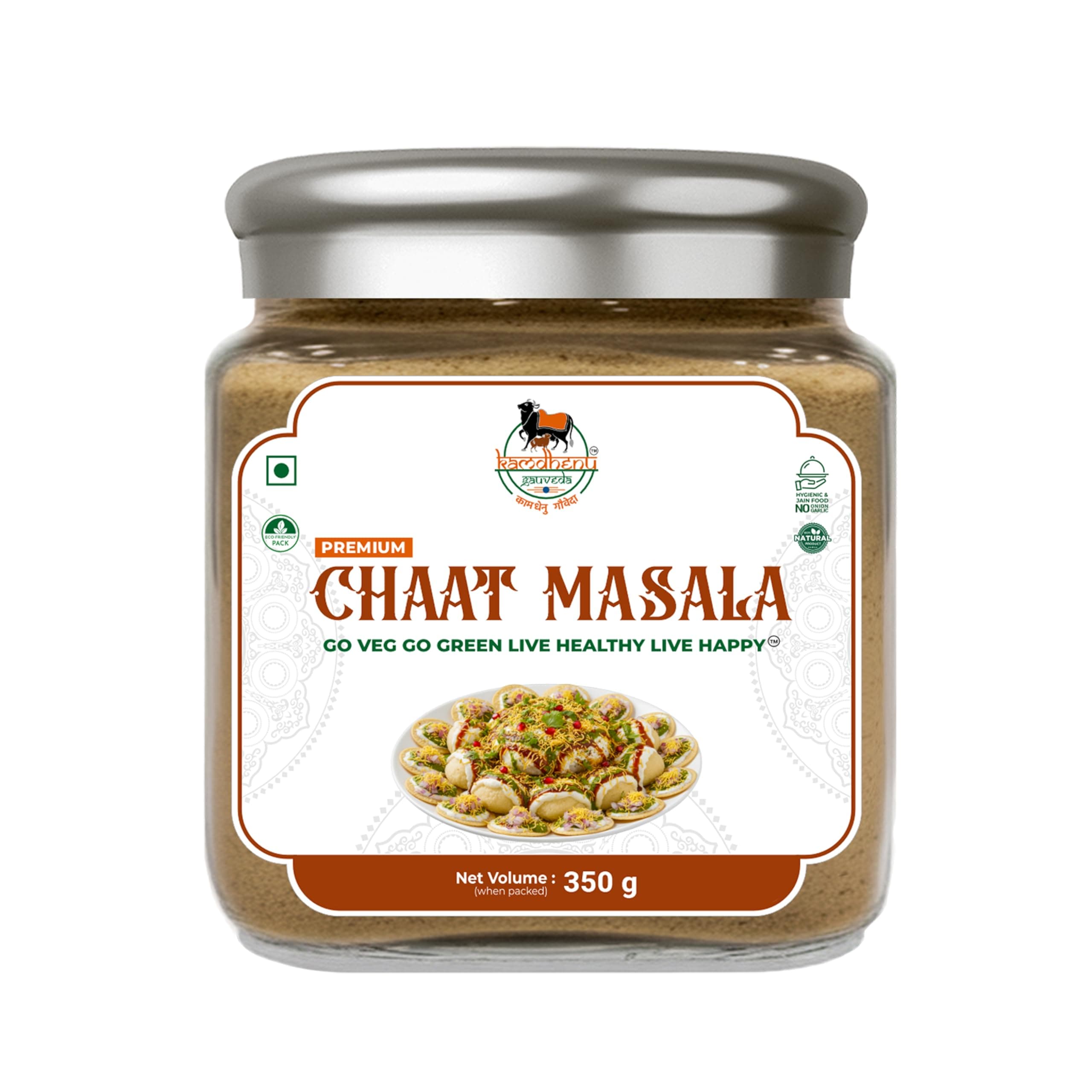 Satvik Sanatani Swaminarayan Jain Vegan Chatpata Chaat Masala 350g | Cumin, Coriander, Pudina, Pink & Black Salt | No Onion No Garlic | No Preservatives | FSSAI Certified | Glass Jar with Steel Cap