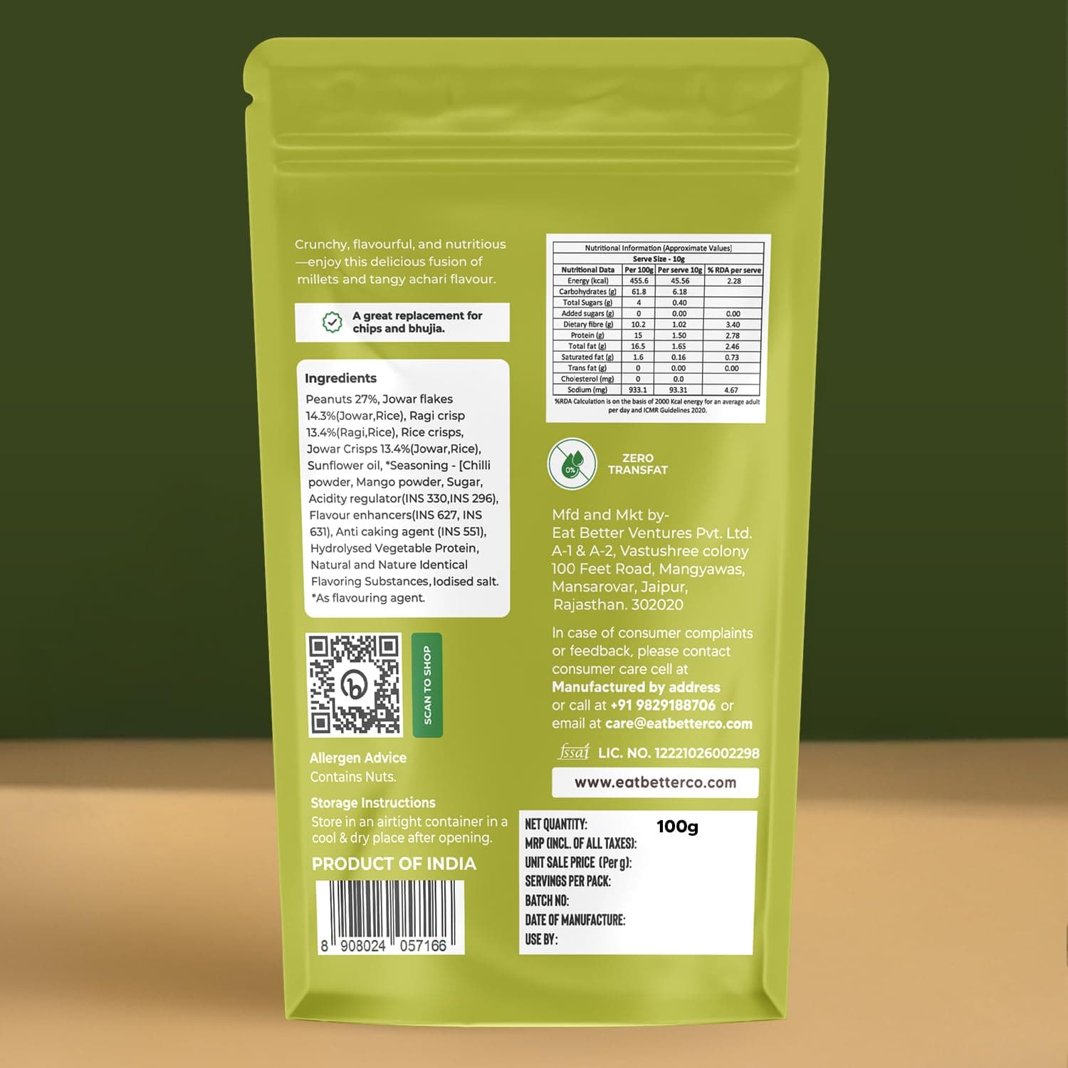 Eat Better Co – Millet Namkeen – Mango Achari – Chatpata, Healthy Namkeen Snack – Roasted, Not Fried | No Palm Oil | Healthy Replacement of Chips & Bhujia – 100 grams — image 3