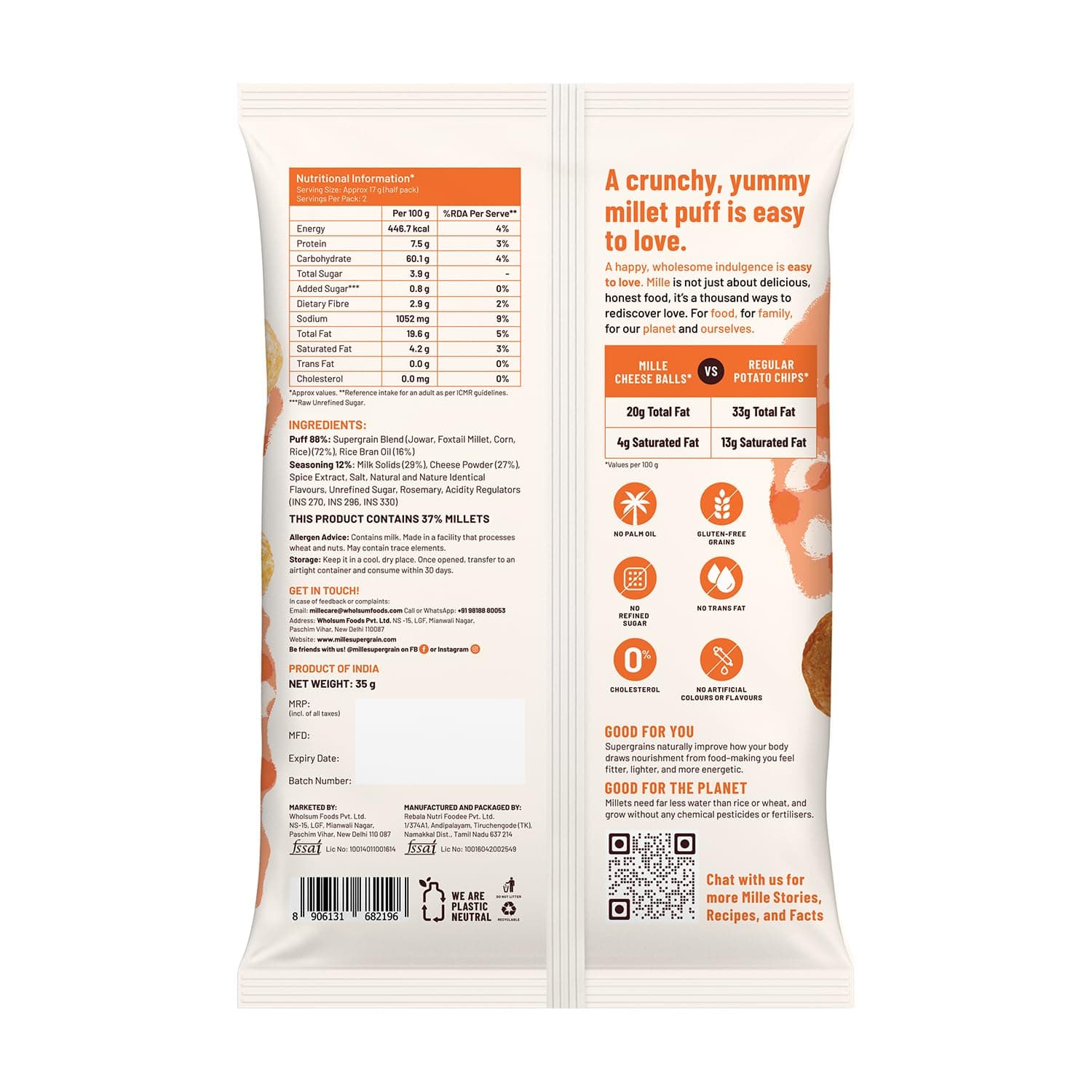 Mille Cheese Balls | 37% Millets | Baked | No Palm Oil | Not Fried, 0 Preservatives | 0 Trans Fat | Healthy Snacks | Naturally Gluten Free | 35g x 4 — image 3