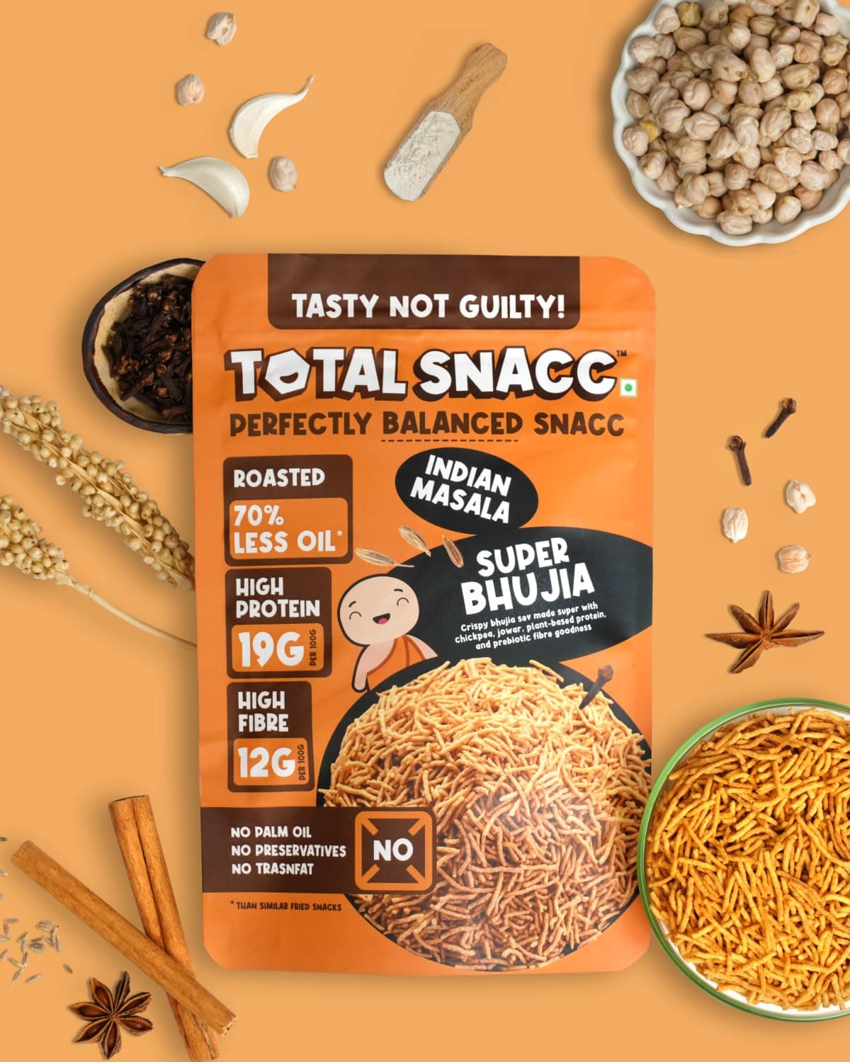 TOTAL SNACC Roasted Bhujia Indian Masala 250g | High Protein 19g, High Fibre 12g | 70% Less Oil | No Palm Oil | Baked Bhujiya | Healthy Namkeen | High Protein Snacks | Diabetic Friendly | Millet Bhujia | Low Calorie — image 6