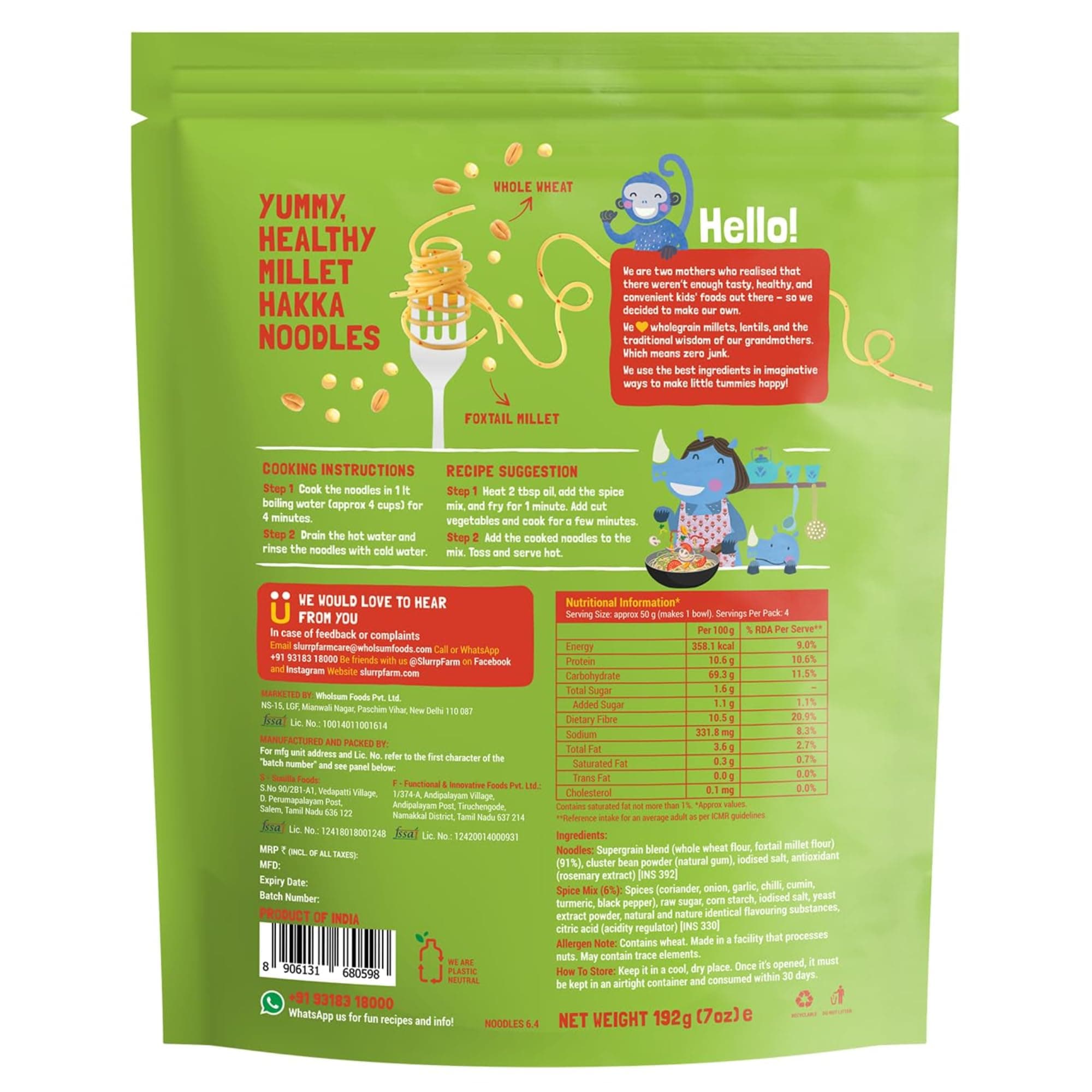 Slurrp Farm No Maida Hakka Noodles, Not Fried, No MSG, Classic Millet and Mild Millet Noodles Combo, Pack of 2, 192g Each — image 6