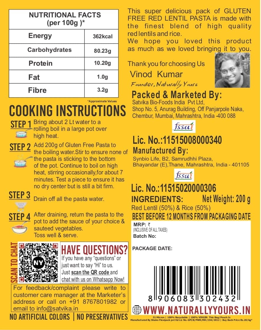 Naturally Yours Red Lentil Pasta | 200g Pack | Gluten-Free, No Maida, No Onion No Garlic, 100% Jain Friendly, Vegan, Preservative-Free | High Plant Protein & Fiber | Healthy Pasta | Pack of 1 — image 2