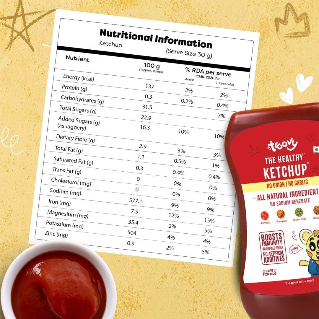 Troovy Healthy Tomato Ketchup | No Onion and No Garlic | No Processed Sugar (uses Jaggery) | 100% Chemical Free | No Preservatives | No MSG | No Sodium Benzoate | All Natural Ingredients | Contains Minerals like Iron | Tastes like Regular Tomato Ketchup | Pack of 2 — image 3