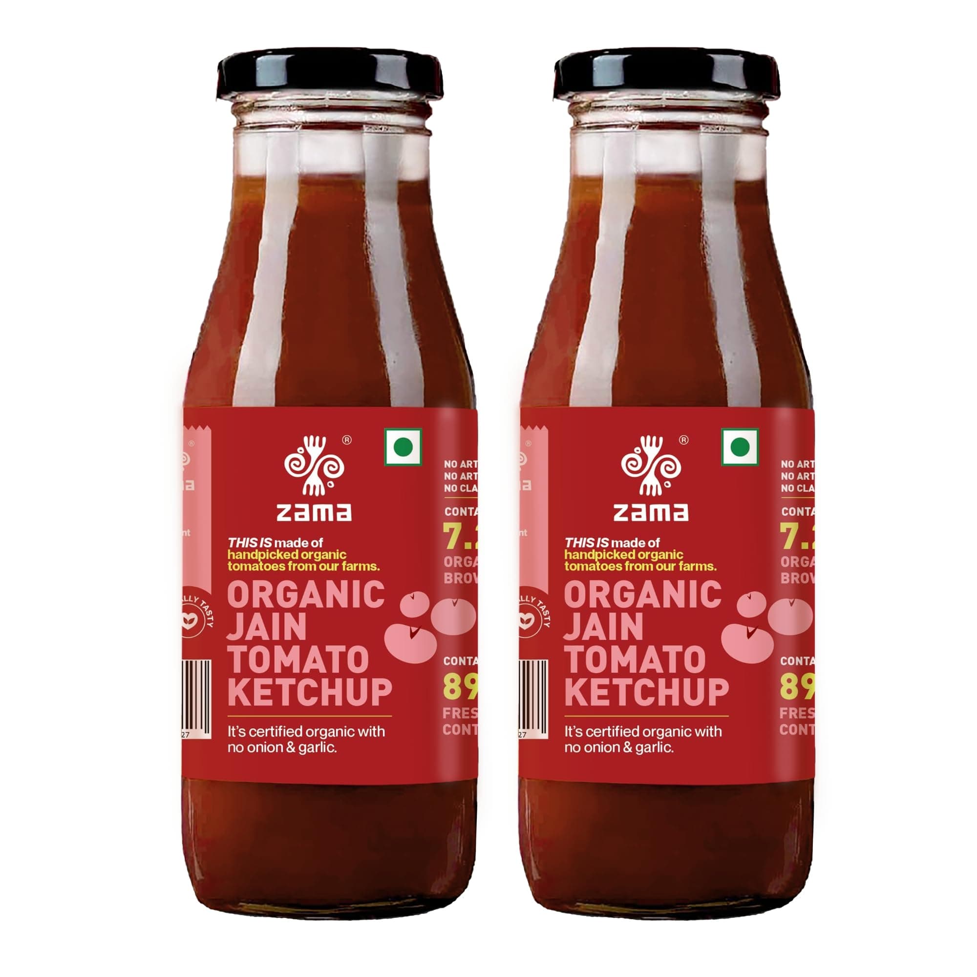 Zama Organic Jain Tomato Ketchup 300g Pack of 2 Glass Bottles | No Onion No Garlic Tomato Sauce | Made from Real Tomatoes, Tangy Rich Taste | No Preservatives, Traditionally Produced | For Snacks & Meals — image 2