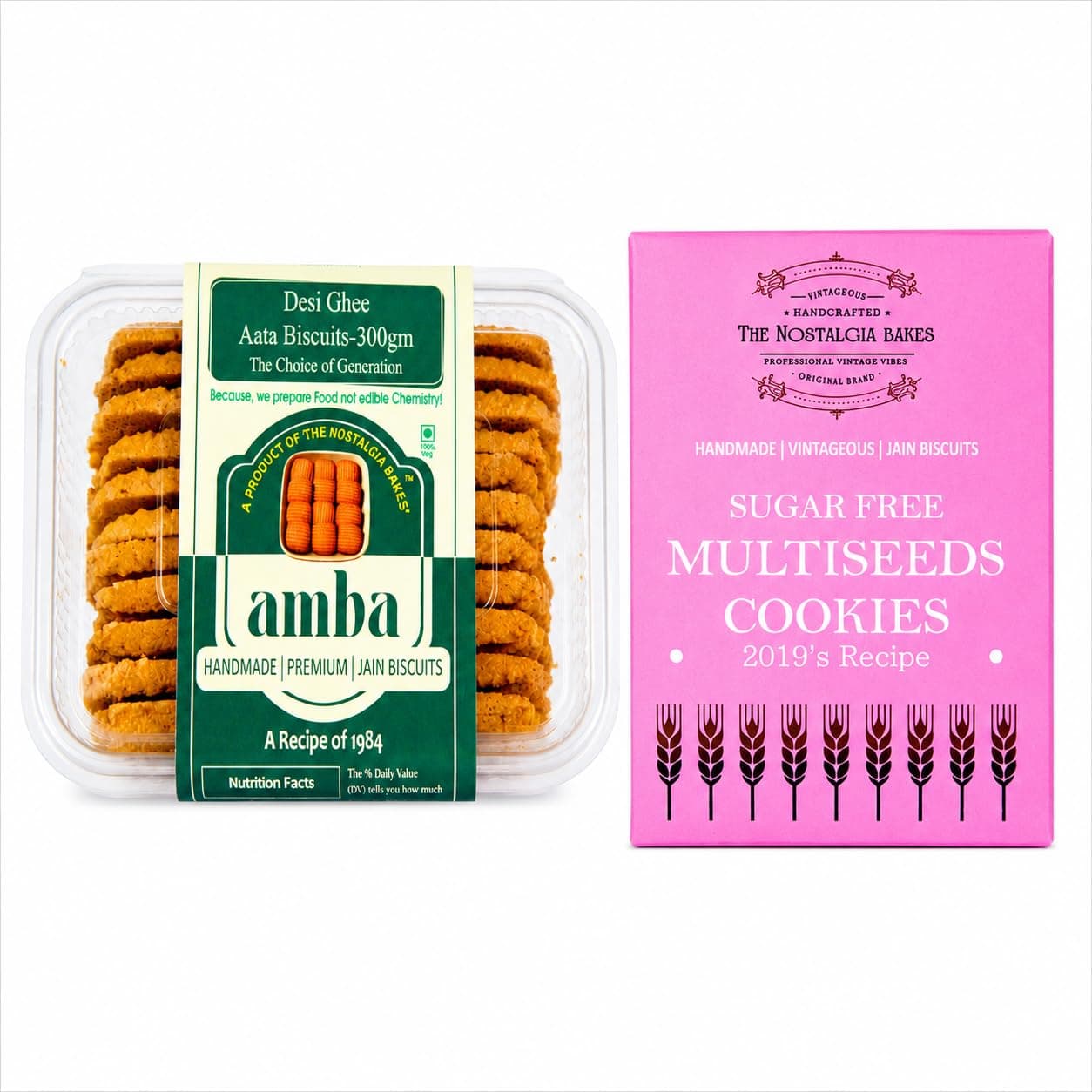 Amba Combo Pack | Desi Ghee Atta Biscuits & Sugar Free Multiseed Cookies | Handmade Premium Jain Biscuits | Crunchy Tea Time Cookies | Healthy Snack Combo Pack — image 2