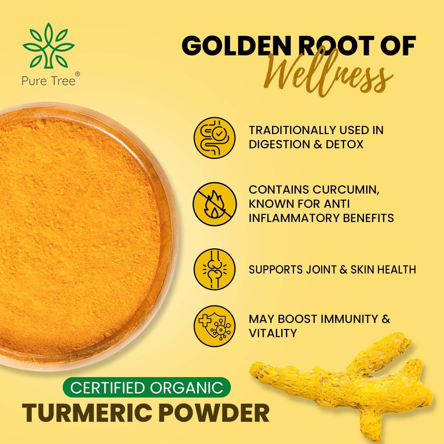 Pure Tree Certified Organic Haldi Powder | 200 g | Glass Jar | Turmeric Powder | Spice Masala Powder Raw for Milk | Strong Antioxidant — image 3