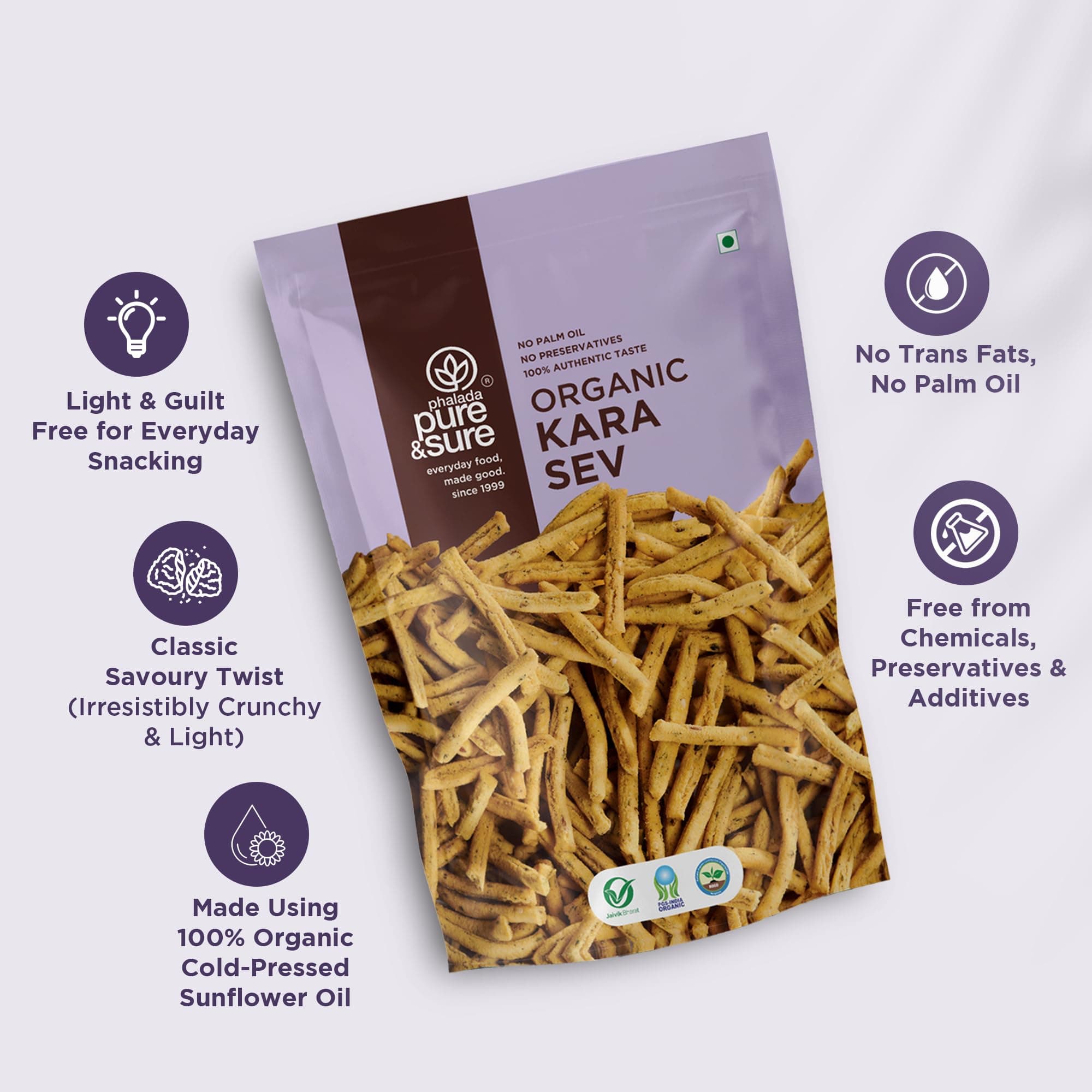 Pure & Sure Organic Kara Sev 100gm (Pack of 1) | Delicious Crunchy Namkeen & Snacks | Ready to Eat Tea Time Snacks, Cholesterol Free, No Trans Fats, No Preservatives — image 3