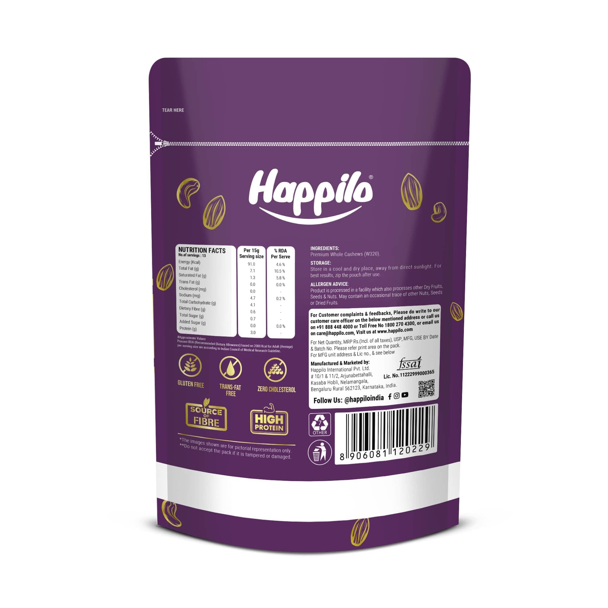 Happilo Premium Natural Whole Cashews 200g Value Pack | Dry Fruits, Kaju, Healthy Snacks | Unsalted Cashew Nuts | Crunchy, Nutritious & Delicious Nuts | Rich in Protein, Magnesium & Phosphorus — image 2
