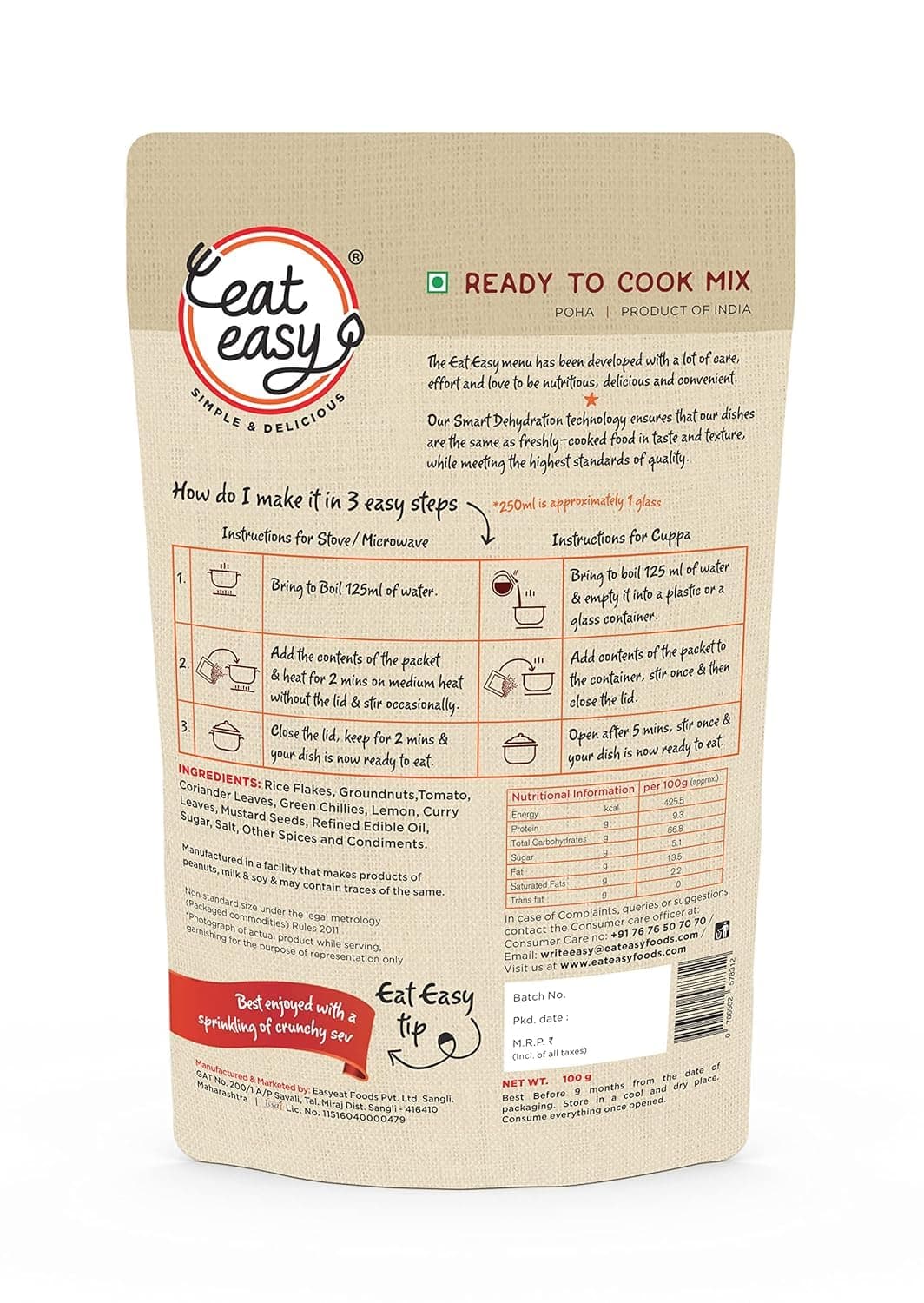 Eat Easy Jain Breakfast Combo - Ready to Eat Instant Breakfast | (4 travel packs-2 poha 2 upma) | No Onion No Garlic | Just Heat And Eat | Instant Jain Food for Travel, Hostel, Trekking, Camping, Hiking — image 7