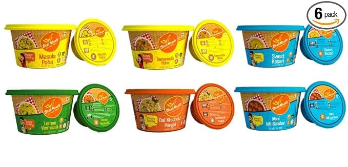 Ready to Eat Breakfast Food Jain Special -Tasty & Healthy Eat Food Products (Pack of 6, 100G Each)Masala Poha, Tamarind's Poha, Sweet Kesari, Lemon Vermicelli, Dal Khichdi (Pongal), Mini Idli Sambar
