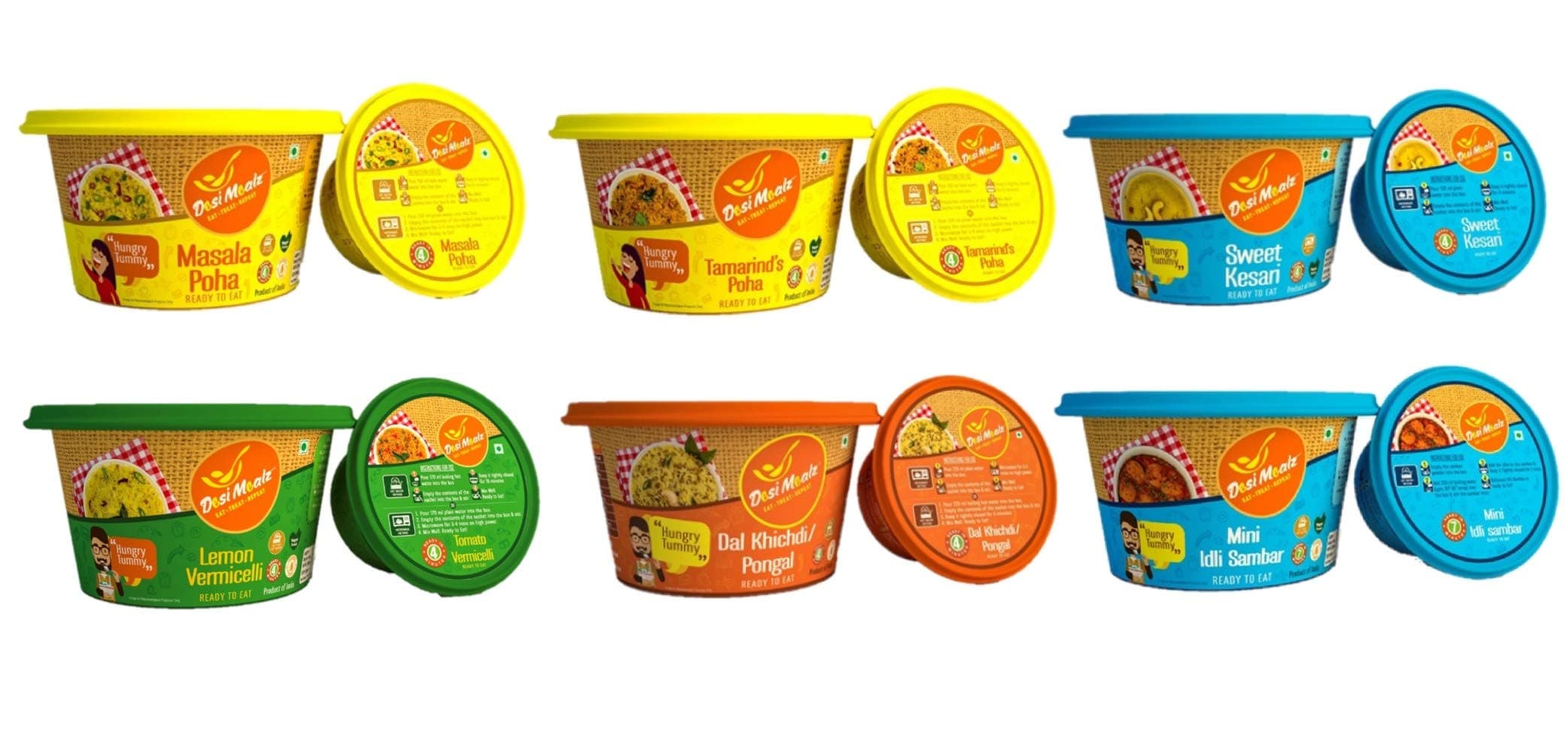 Ready to Eat Breakfast Food Jain Special -Tasty & Healthy Eat Food Products (Pack of 6, 100G Each)Masala Poha, Tamarind's Poha, Sweet Kesari, Lemon Vermicelli, Dal Khichdi (Pongal), Mini Idli Sambar — image 2