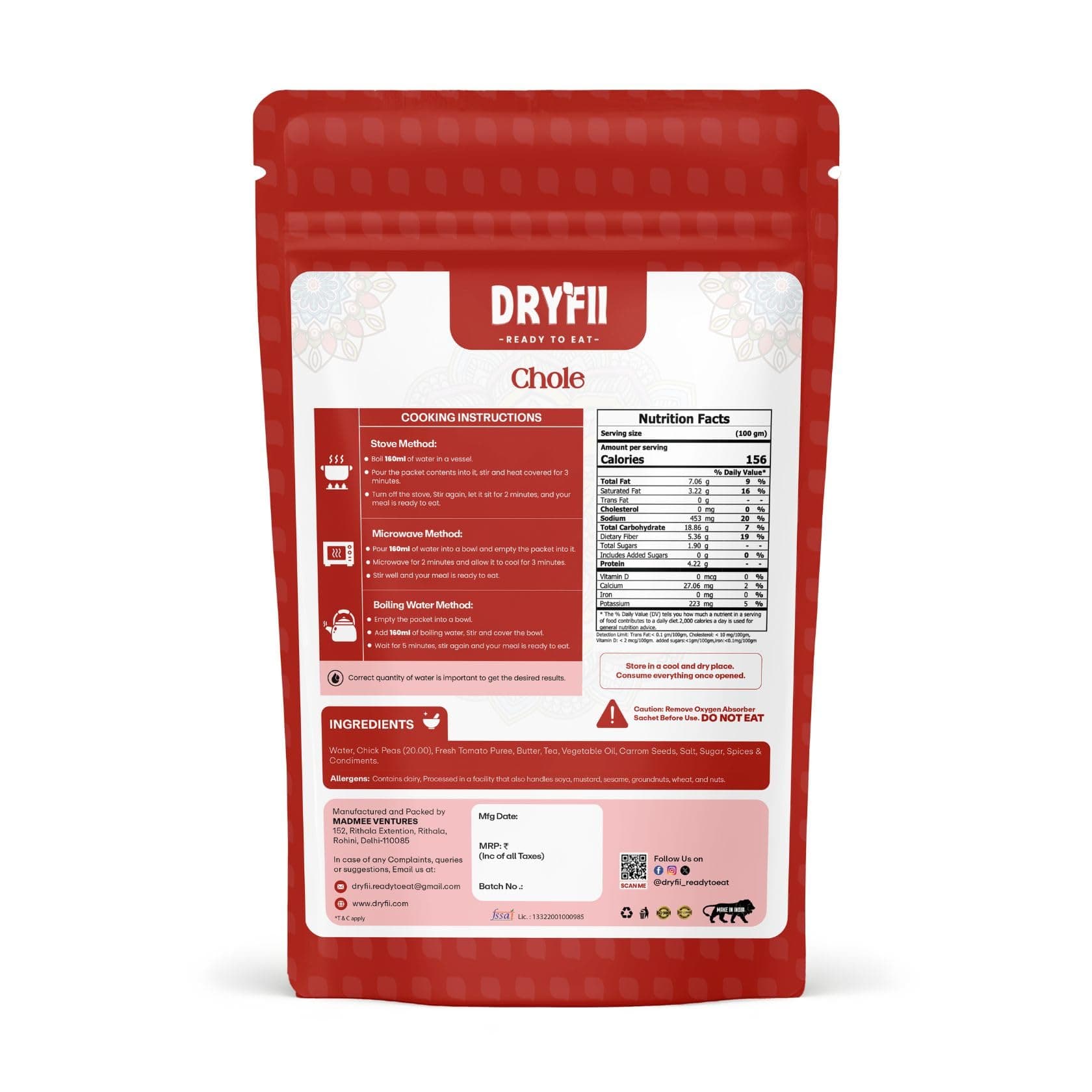 Dryfii Ready-to-Eat Instant Jain Chole | Pure Veg | Freeze Dried | No Onion, No Garlic | Rehydrated Weight 230 g — image 2