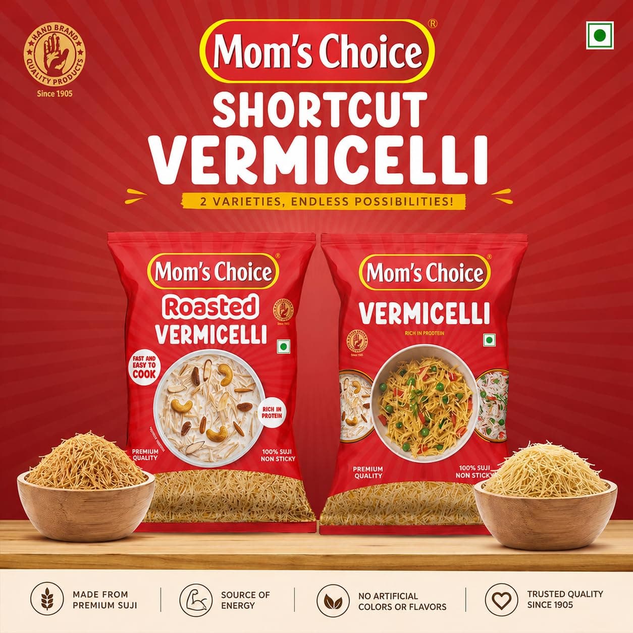 Mom’s Choice Shortcut Plain Vermicelli | 100% Suji | No Maida | 100% Pure Veg | Source of Protein | Cholesterol Free | Non-Sticky | Easy to Cook | No Artificial Flavours & Colours | Pack of 2 | 400g x 2 — image 7