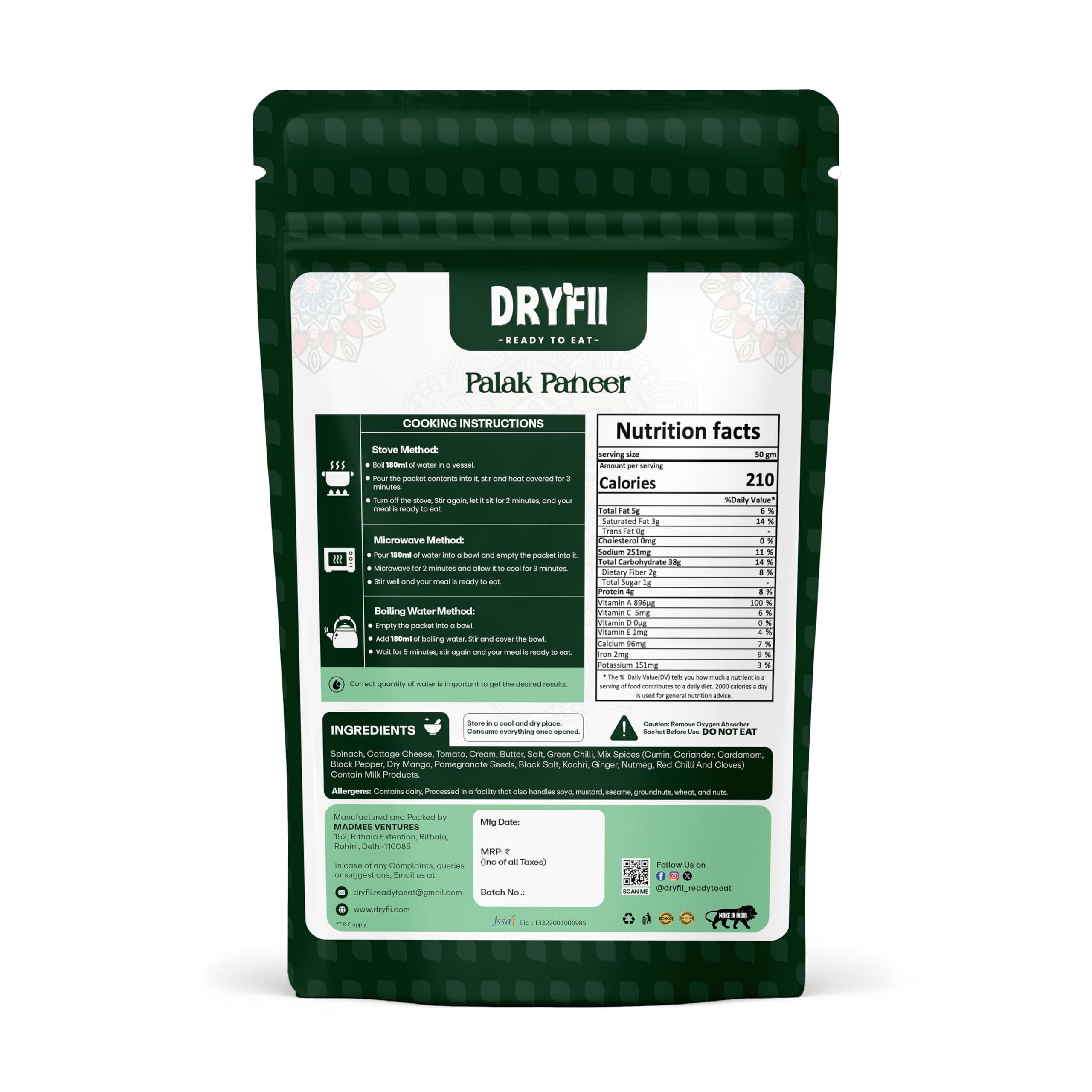 Dryfii Ready to Eat Pudina Paratha (5 Pieces, 1 Pack) & Jain Palak Paneer Combo | Freeze Dried | Refreshing Flavor | No Onion No Garlic — image 3