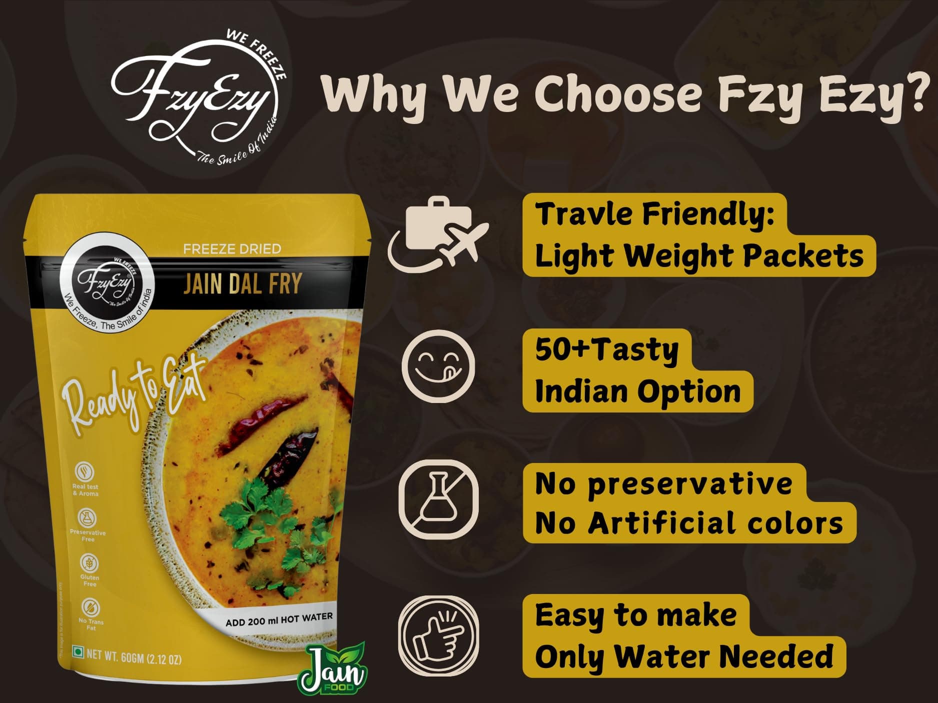 FzyEzy Freeze-Dried Jain Dal Fry – 60g | Authentic Jain Indian Meal | No Onion, No Garlic | Instant & Ready-to-Eat | Gluten-Free | Preservative-Free | Wholesome & Flavorful Jain dish — image 7