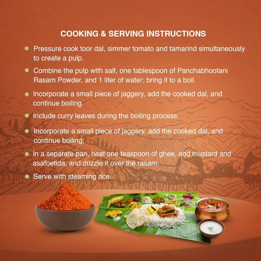 Panchabhootani Rasam Powder 100g | South Indian Authentic Flavour, Easy Digestion, Farm Fresh, Vegan Friendly, No Garlic, No Onion, 3 varieties of roasted dry red chilles, Rich Aroma, Mouth Watering (Small, 100.00, gram) — image 4