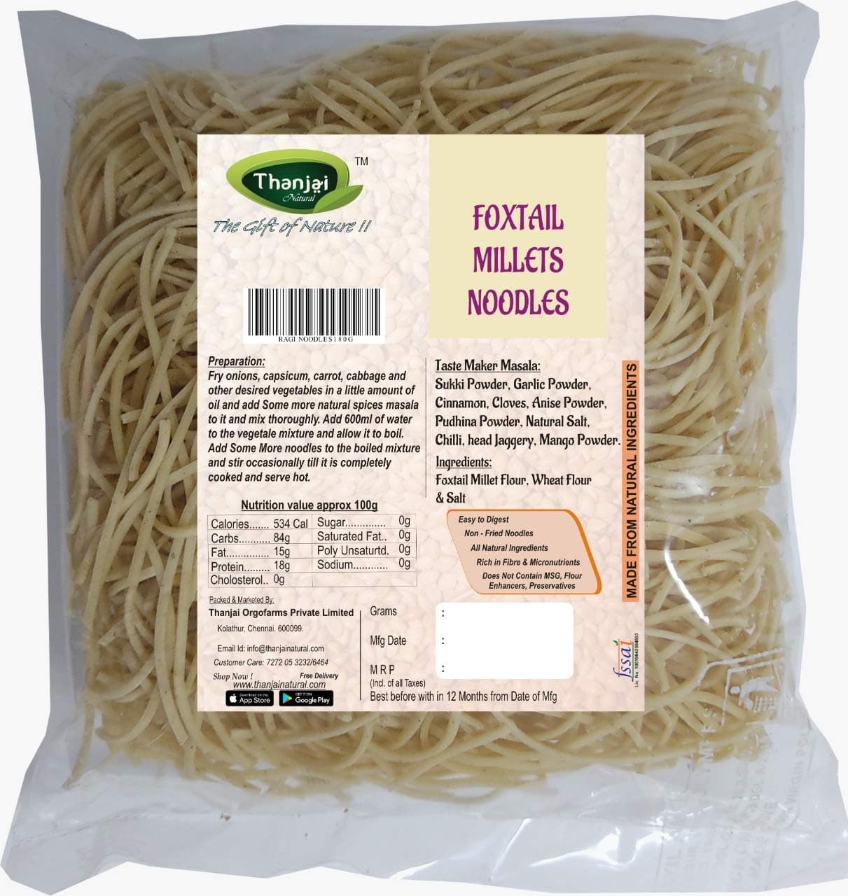 Thanjai Natural Foxtail Millet Noodles 180 Grams X 6 (1080 Grams) of Homemade Natural Millet Noodles(No Preservatives, No Chemicals, No Artificial Extract) — image 3