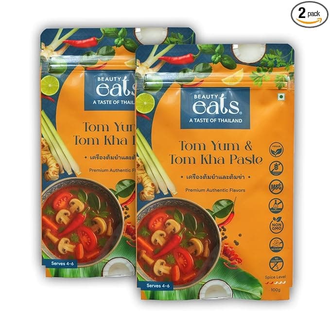 Beauty Eats Tom Yum And Tom Kha Paste Duo| Authentic Thai Soup Bases| Spicy & Creamy| No Onion&Garlic (Pack Of 2, 2 * 100Gm)