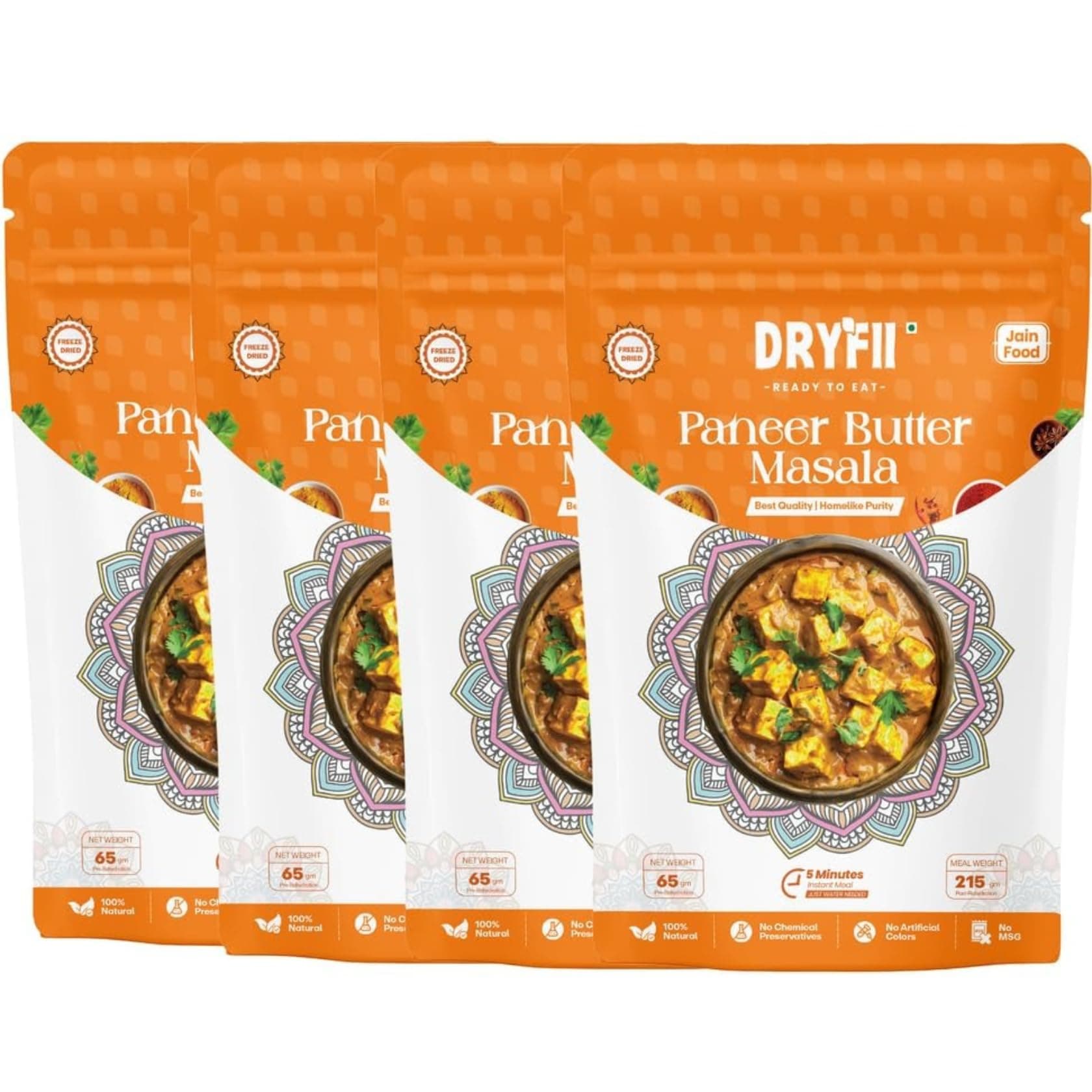 Dryfii Ready-to-Eat Instant Jain Paneer Butter Masala | Pure Veg | Freeze Dried | No Onion, No Garlic | Rehydrated Weight 860 g (Pack of 4)