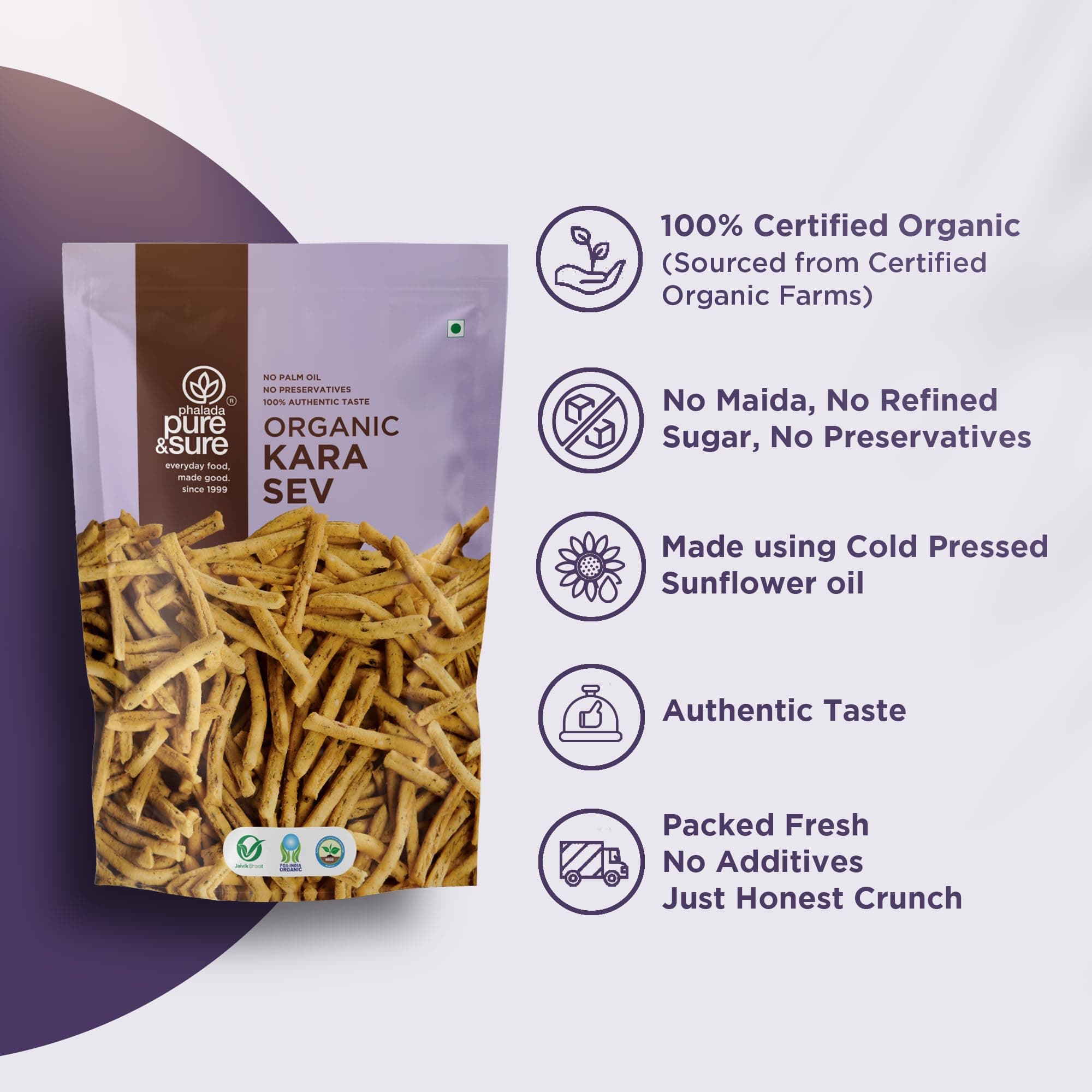Pure & Sure Organic Kara Sev 100gm (Pack of 1) | Delicious Crunchy Namkeen & Snacks | Ready to Eat Tea Time Snacks, Cholesterol Free, No Trans Fats, No Preservatives — image 2