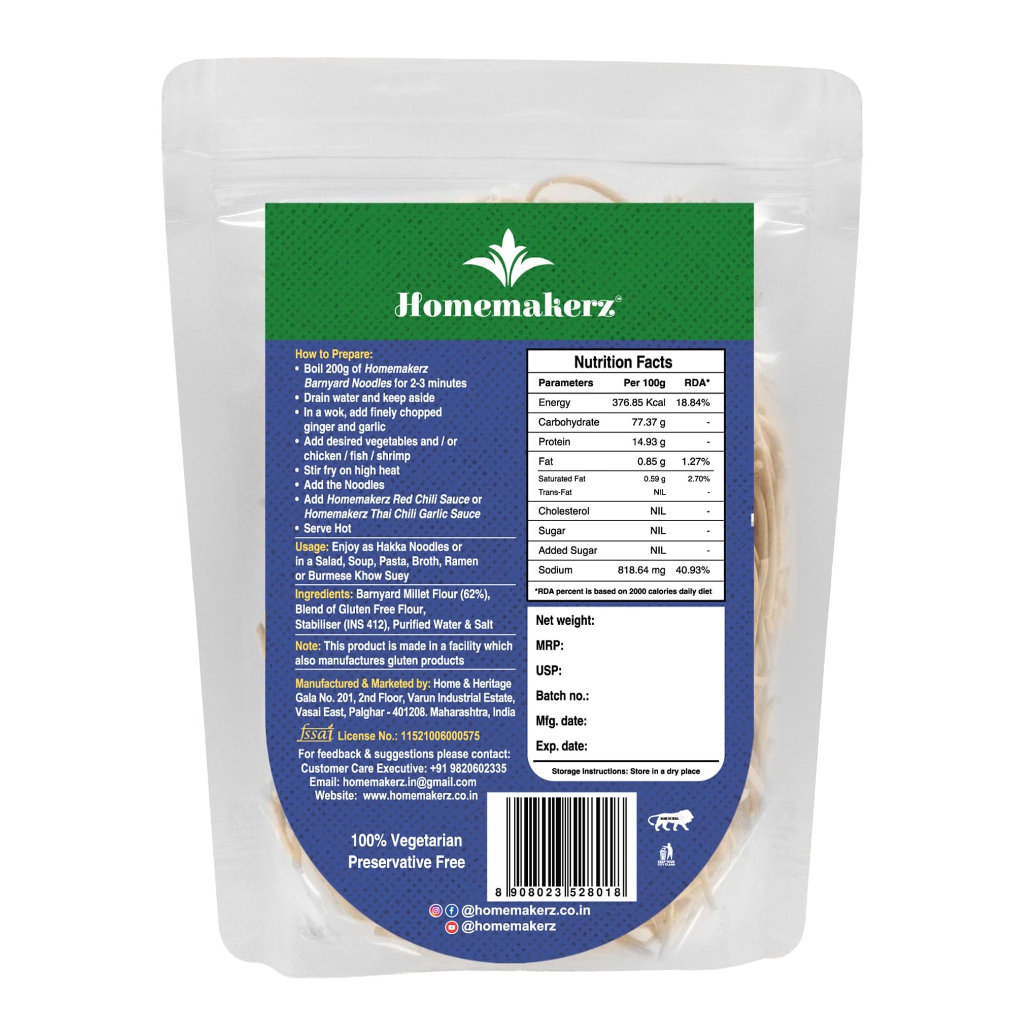 Homemakerz Banyard Millet Noodles, Natural, Preservative, Gluten & Fat Free, Not Fried & No Oil, Zero Maida & Wheat, Healthy & Tasty Hakka Millet Noodles With High Fiber, 200g — image 2