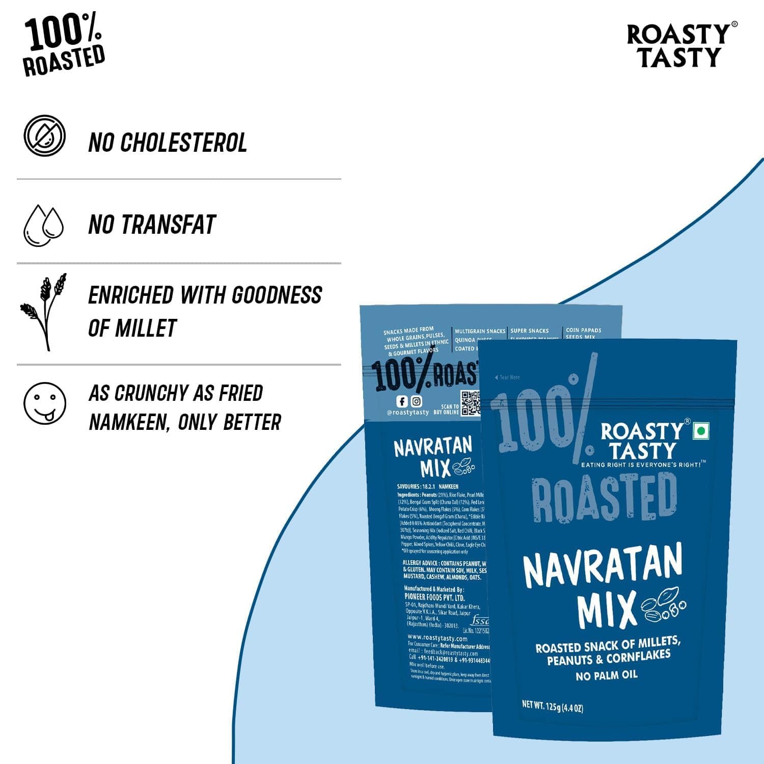 Roasty Tasty Navratan Mix 125g | Healthy Roasted Namkeen with Millets, Peanuts & Dry Fruits | No Palm Oil Snacks & Millet Namkeen | No Added Sugar | Protein-Rich Indian Snack | Guilt-Free Tea Time Mix | Clean Label Snacks for Adults — image 3