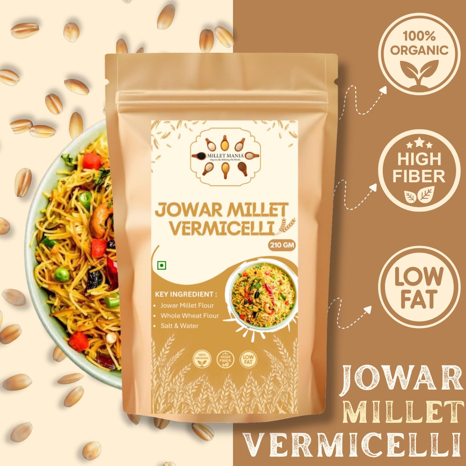 Millet Mania Jowar Millet Vermicelli | Healthy Snacks for Kids & Adults | Guilt-Free Pasta & Noodles Alternative | No Maida, No Preservatives | High-Fiber & Wholesome Meal | 210g (Pack of 1) — image 2