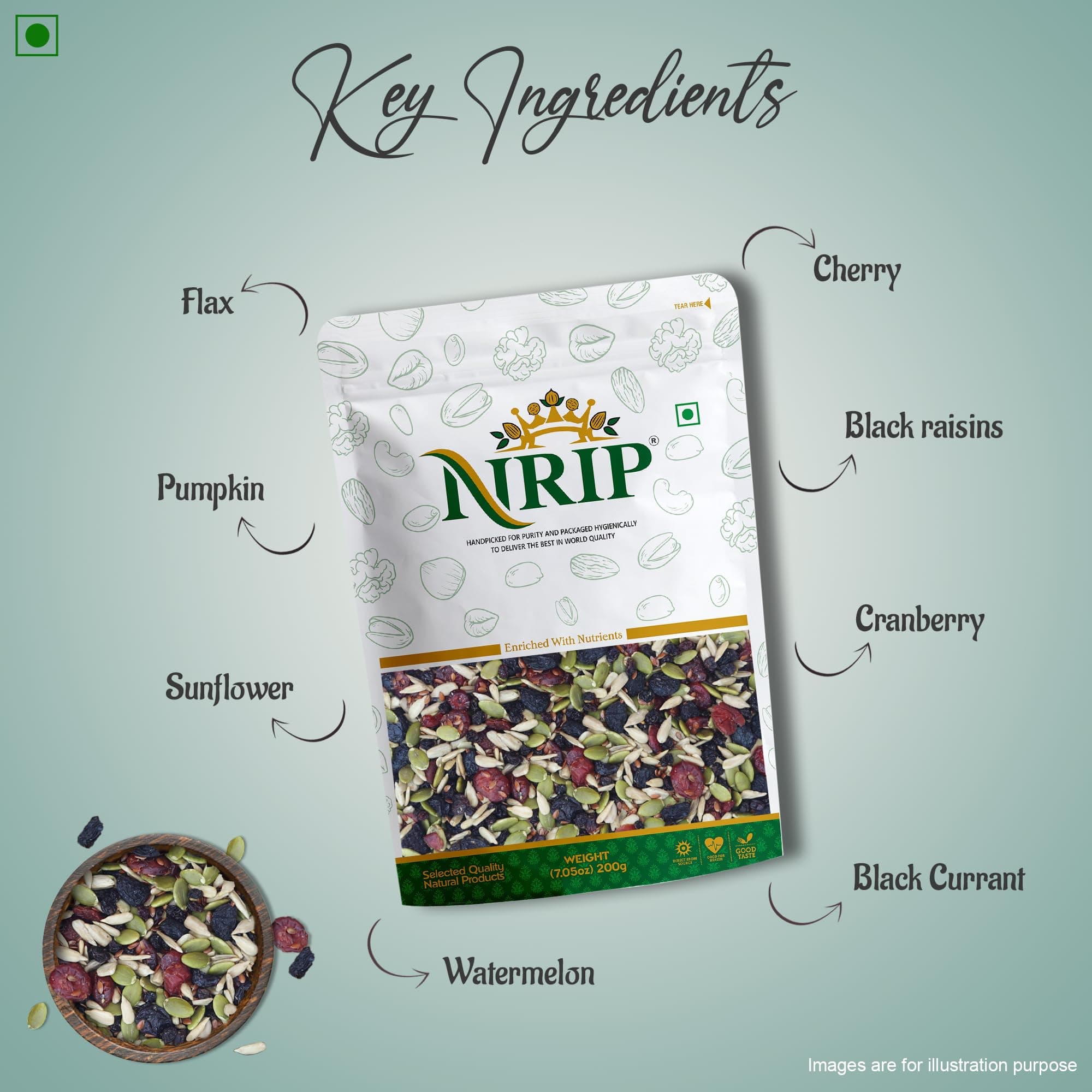 NRIP Premium Mixed Roasted Seeds & Berries 200 Gm (Pumpkin, Sunflower, Flax, Watermelon, Black Currant, Cranberry, Cherry, Black raisins) — image 4