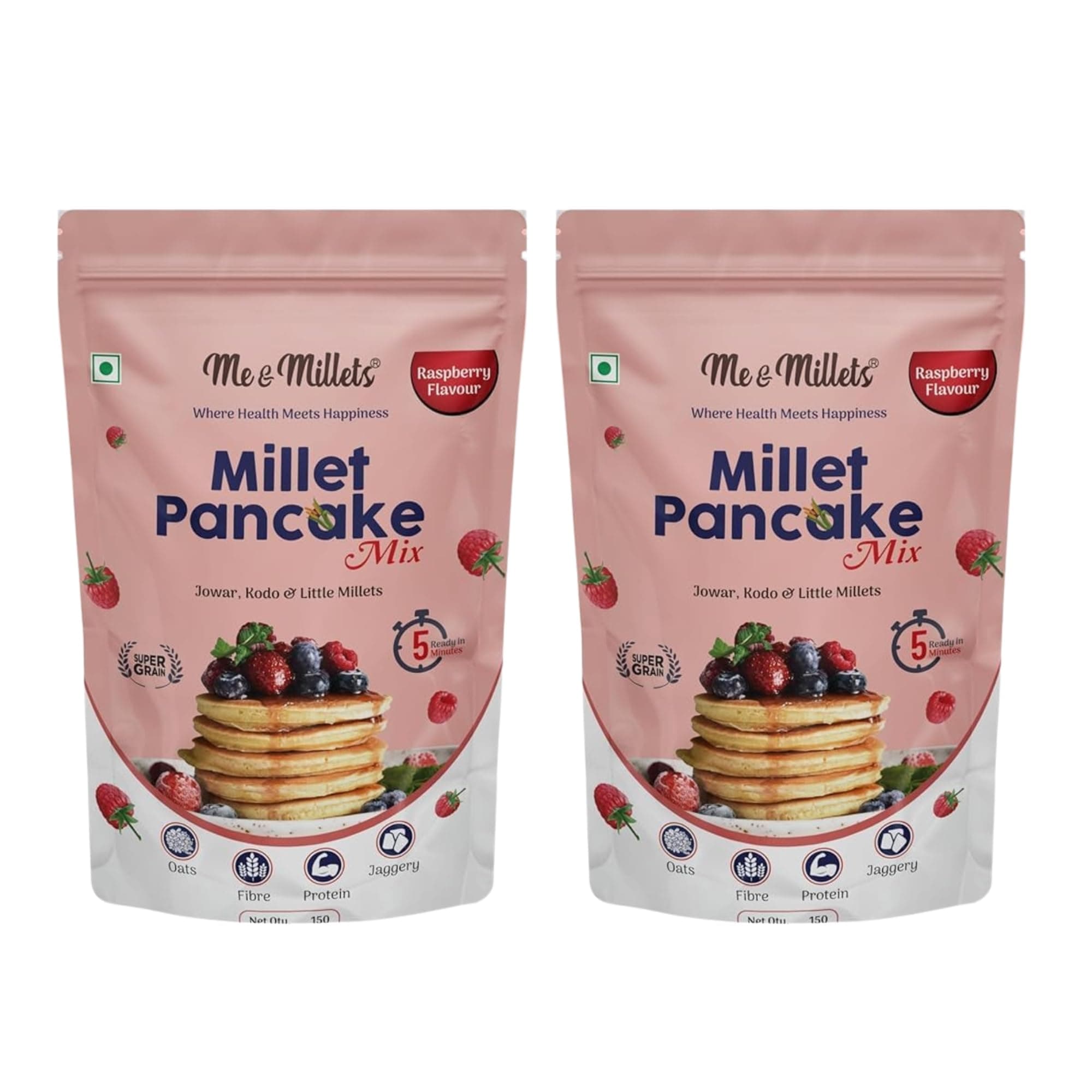 ME & MILLETS Raspberry Flavor Millet Pancake Mix (150g X 2) Sweetness Of Jaggery, No Maida, No Wheat, No Preservatives, Vegetarian, Eggless, Healthy Breakfast for Family (Jain Friendly) — image 2