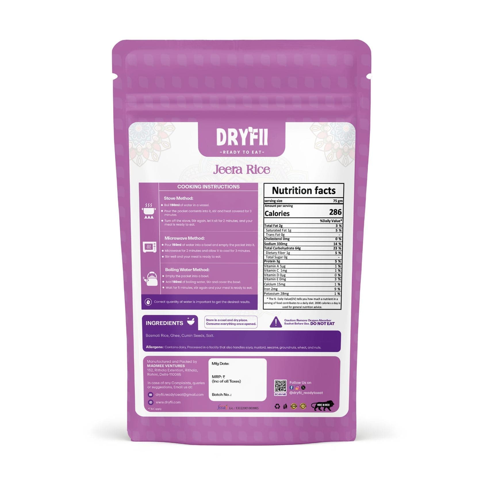 Dryfii Ready-to-Eat Instant | Jain Paneer Butter Masala & Jeera Rice | Pure Veg | Freeze Dried | No Onion, No Garlic | Rehydrated Weight 440 g — image 2