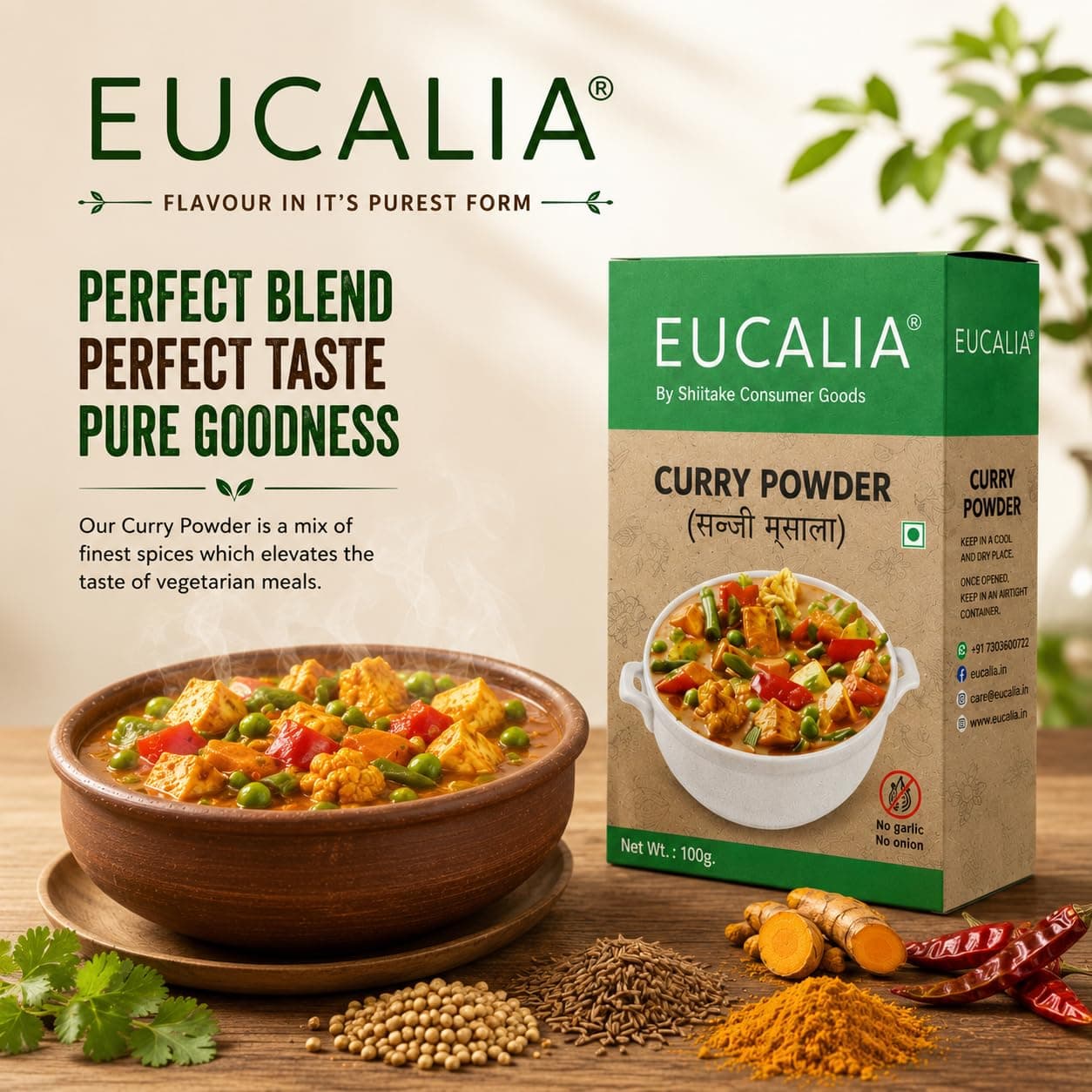 EUCALIA Sattvik (No Onion - No Garlic) Curry Powder (Sabji Masala) Pack of 3 (100g) | Bold & Aromatic Spice Blend | Vibrant Colour | No Added Colours or Preservatives | Perfect for Vegetarian Dishes & Everyday Cooking | Sattvik No Onion No Garlic (NONG) | Total 300g — image 8