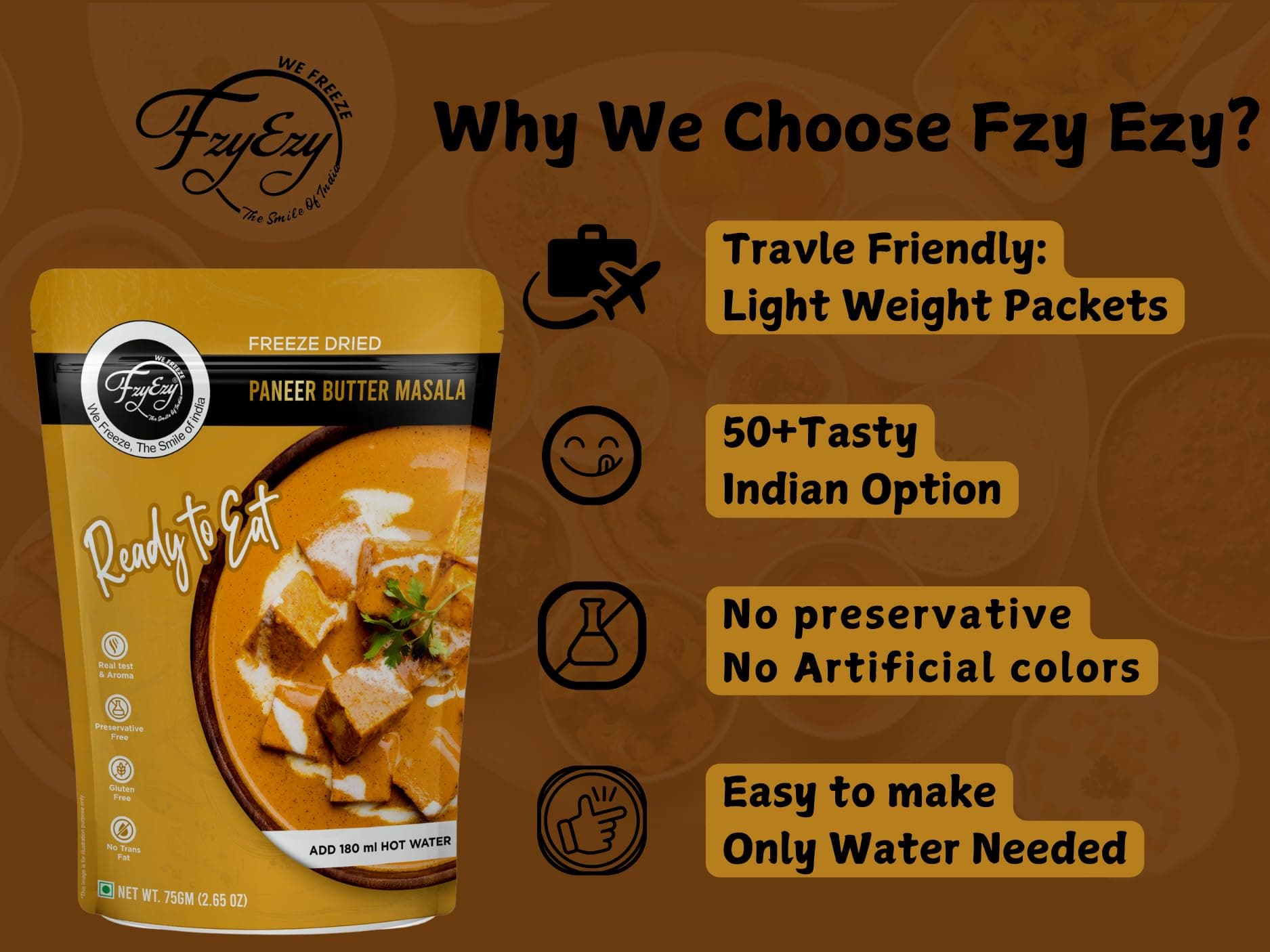 FzyEzy Freeze-Dried Jain Paneer Butter Masala – 75g | Instant Jain Indian Cuisine | Authentic No Onion, No Garlic Paneer Butter Masala Gravy | Jain Vegetarian Gourmet Delight | Ready-to-Eat | Gluten-Free | Preservative-Free Meal — image 7
