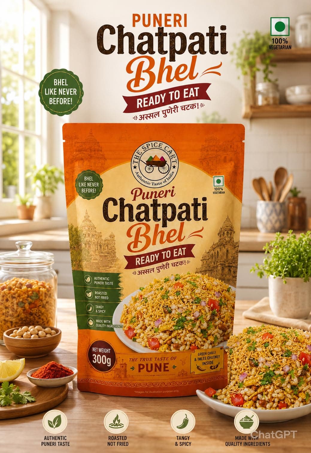 Pune's famous Chatpati Bhel Family Pack, Puffed Rice Savoury Mix with Green Chilli & Imlee Chutney, 300g Puneri chatpati bhel, no onion no garlic chutney so used as jain bhel also — image 4