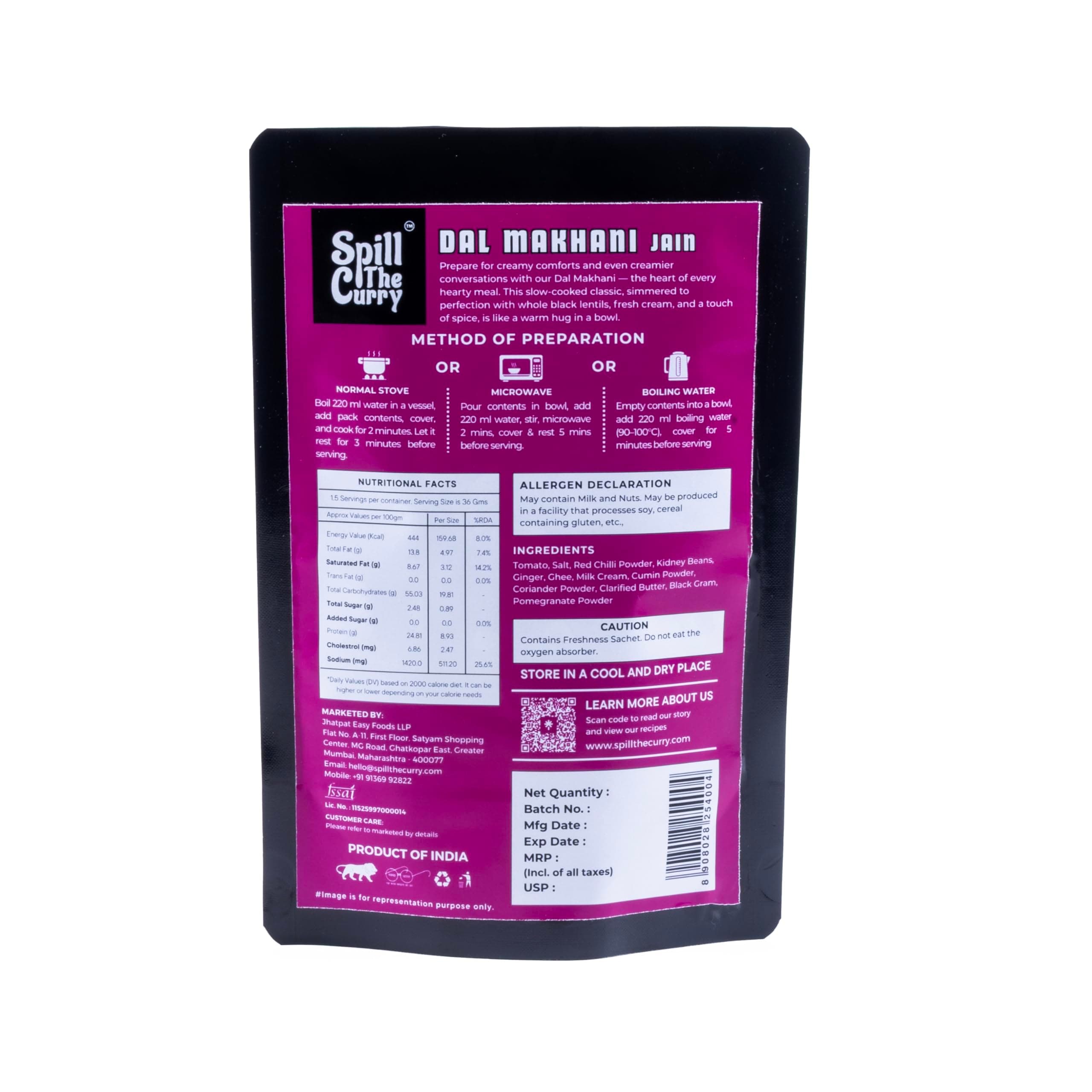 SPILL THE CURRY Dal Makhani Jain Ready to Eat | No Onion No Garlic | Authentic Punjabi Creamy Lentil Curry | Freeze Dried Instant Food | Just Add Hot Water | Vegetarian Meal for Travel & Hostels | Combo Pack of 3 (70g Each) — image 2