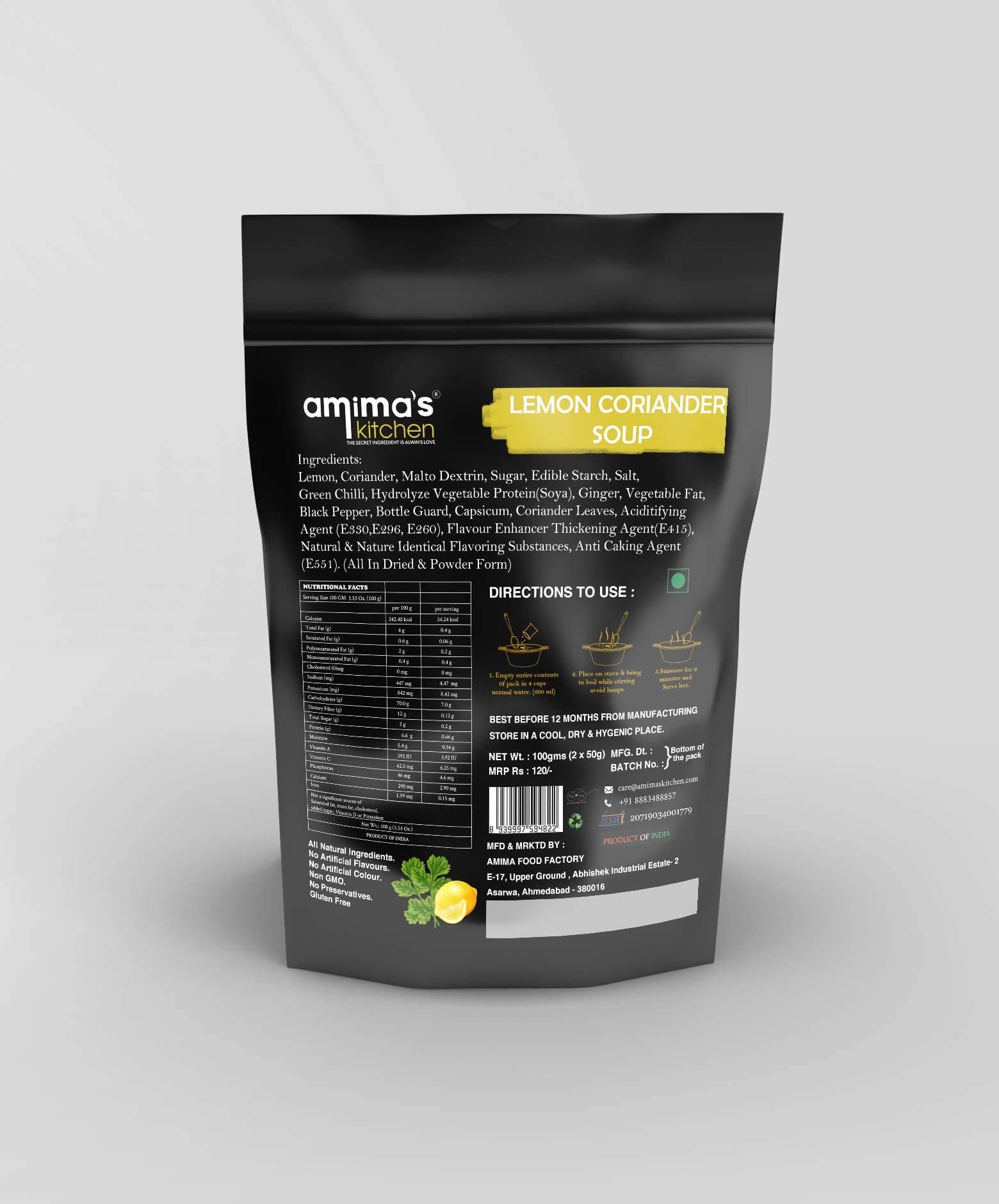 Amima's Kitchen Lemon Coriander Jain Soup (No Onion No Garlic) - 100 Grams [Serves 10] | Instant Soup Mix Powder | Ready To Cook | No Artificial Flavour & Colour | Gluten Free | Non GMO | Healthy Soup — image 2
