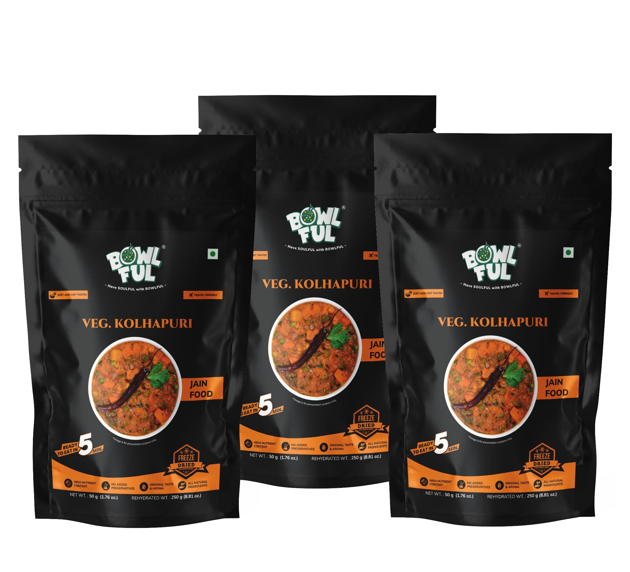 Bowlful Jain Veg Kolhapuri | No Onion No Garlic | Spicy Mixed Veg Curry Kolhapuri Style | Instant Meal | 50g Net Weight (250g After Rehydration) | Pack of 3 | No Added Preservatives & Colours | Microwaveable — image 2