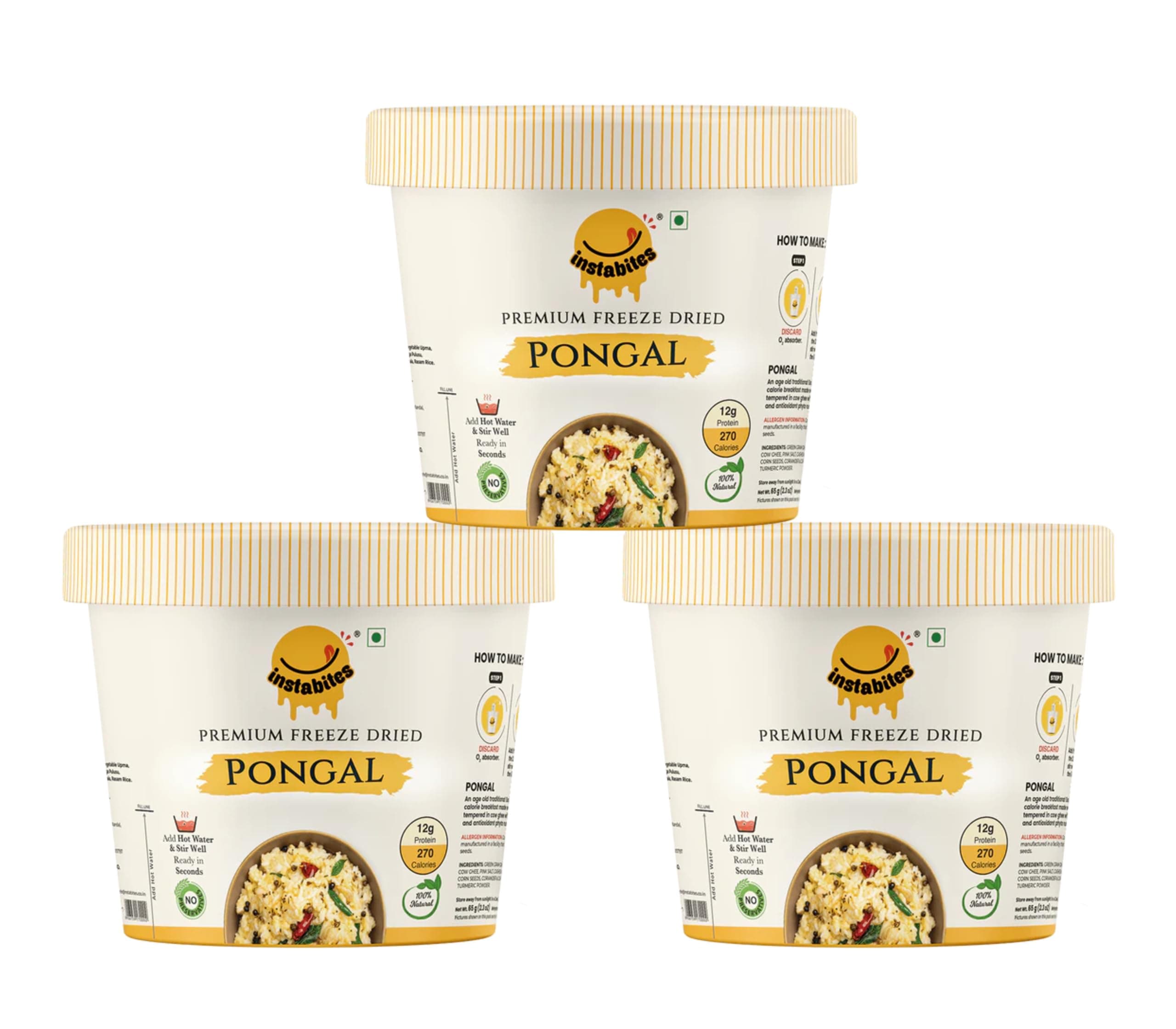 Instabites Ready to Eat Pongal 65g, No Added Preservatives and Ready to Eat in Minutes - Pack 3