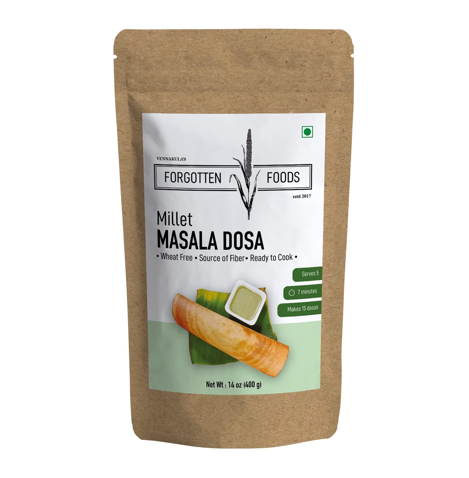 Forgotten Foods Millet Masala Dosa 400g - Wheat Free Instant Dosa Mix with Kodo and Little Millets - High Fiber, Plant Proteins, Low GI, No Soda, No Preservatives - Makes 15 Dosas, Serves 5