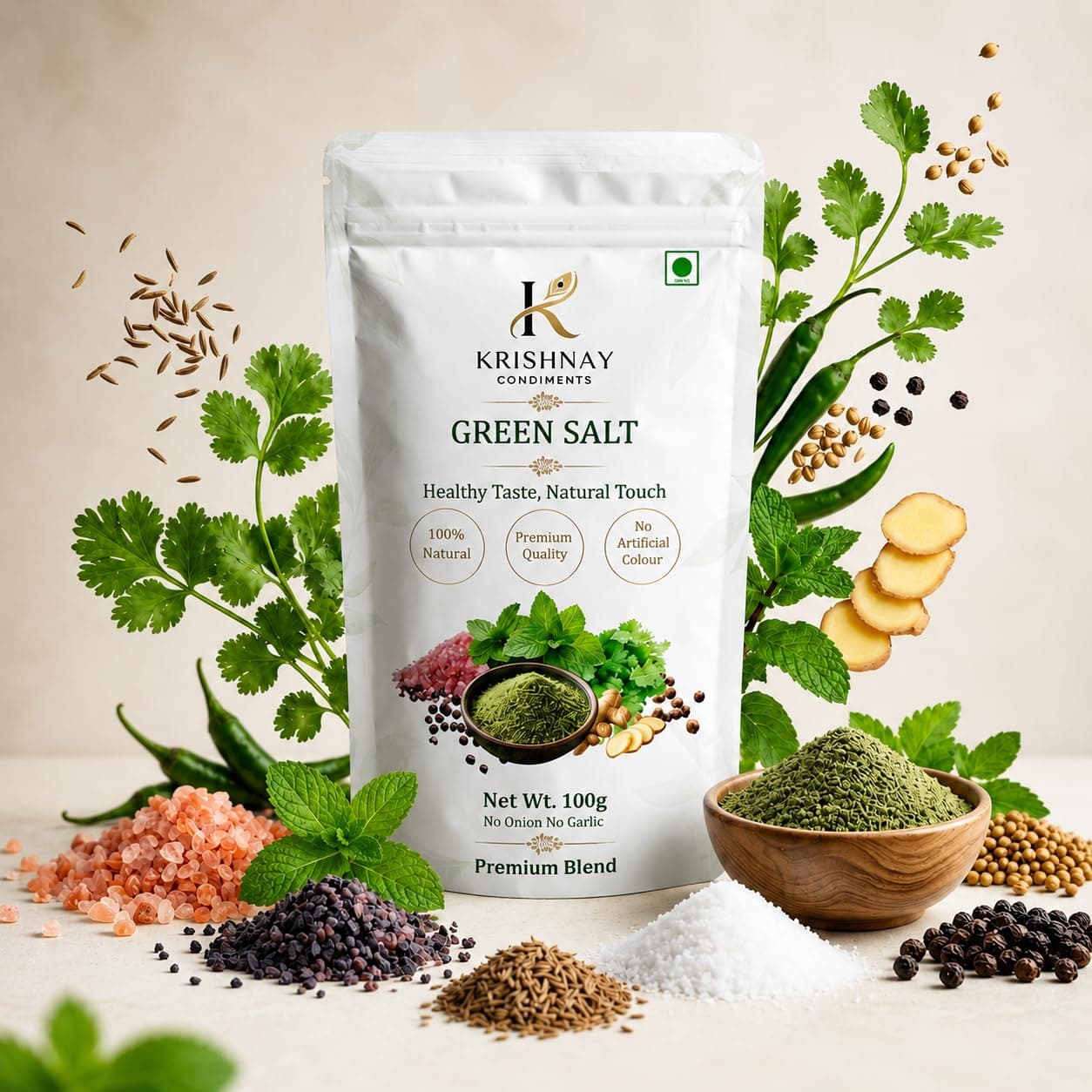 KRISHNAY Condiments Natural Green Salt Seasoning 100g | Herbal Mineral Salt Blend with Mint, Coriander & Spices | No Onion No Garlic Flavoured Salt Mix | Natural Masala Salt for Chaat, Salad, Fruits & Buttermilk — image 7
