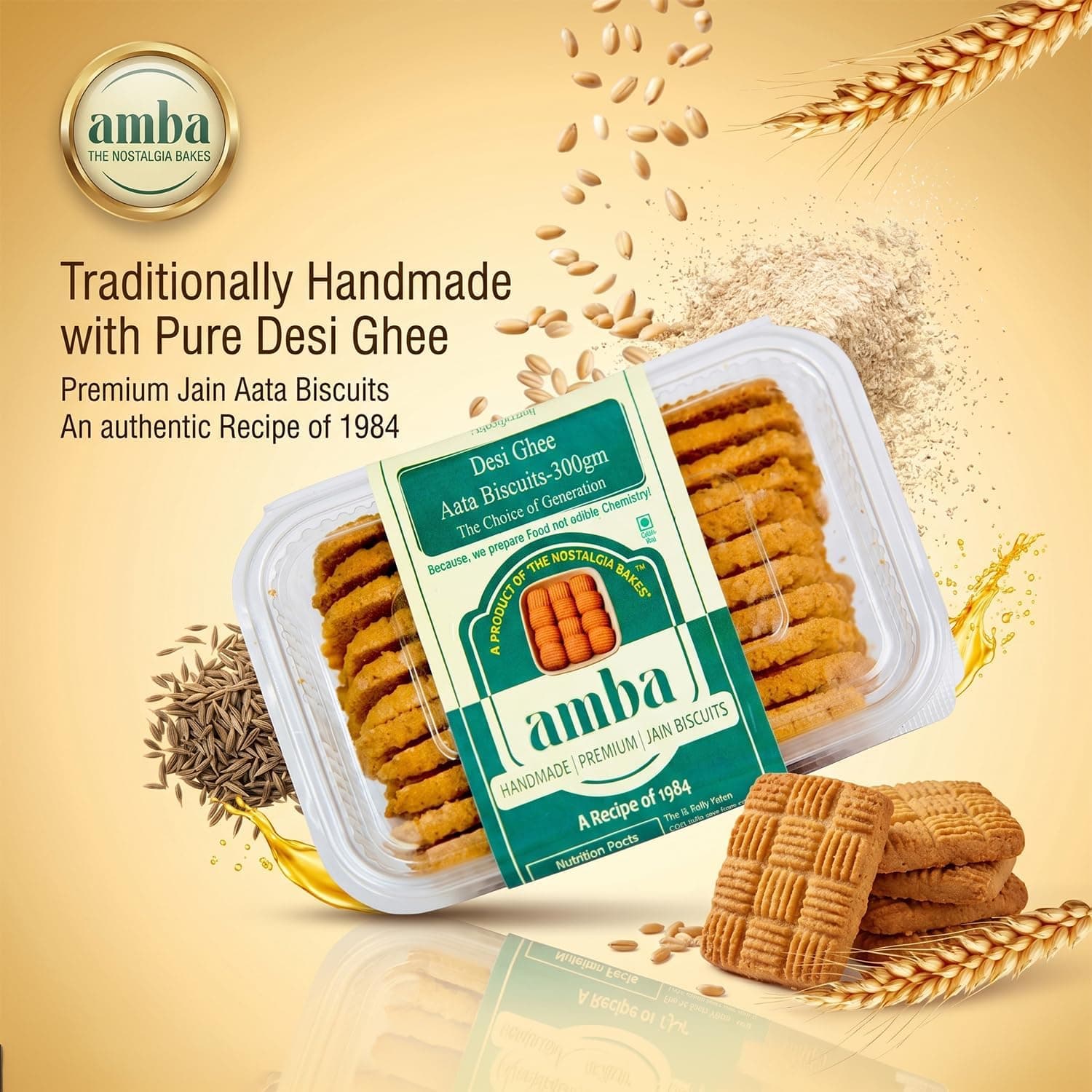 Desi Ghee Atta Biscuits (300gm) – Handmade Premium Whole Wheat Biscuits – Traditional Jain Cookies with 1984's Original Recipe – No Added Chemicals – Healthy Tea-Time Snack (Pack of 1) — image 4