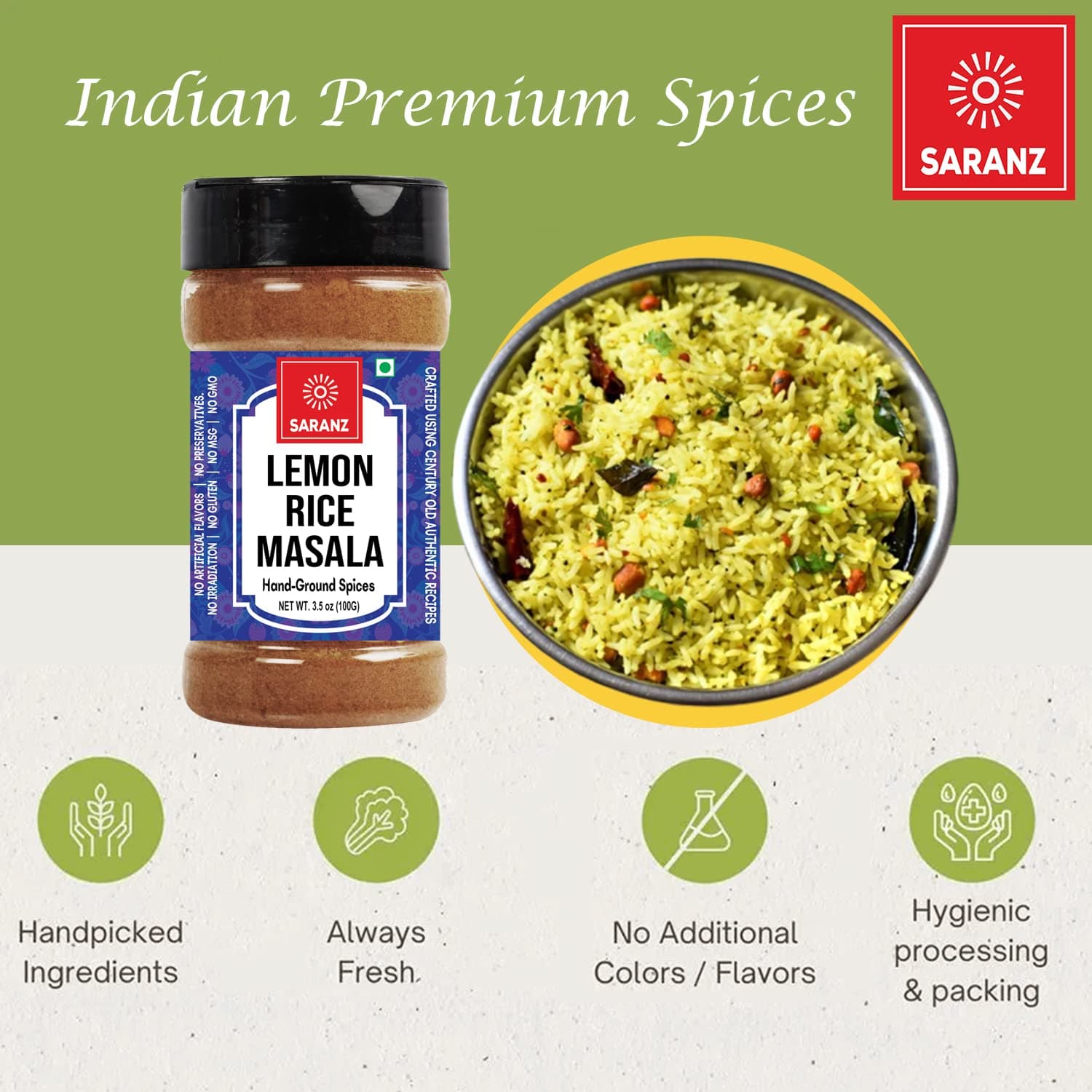 SARANZ Lemon Rice Masala | 100% Natural Indian Spice | Sprinkle on Lemon rice dishes | Flavorful Blend mix | Fresh & Aromatic Spices (100 Grams Sprinkler Bottle) — image 3