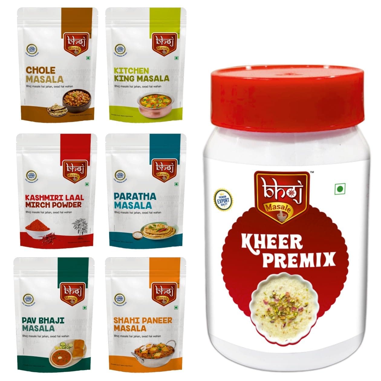 Bhoj Satvik Masala Festival 7 in 1 Combo | 1 Kheer Premix Jar + 6 Masalas Zip lock Pouches |200g Each: Kheer Premix, Shahi Paneer Masala, Kashmiri Laal Mirchi Powder, Kitchen King Masala, Paratha, Pav Bhaji, Chole Masale (All Jain Friendly) — image 2