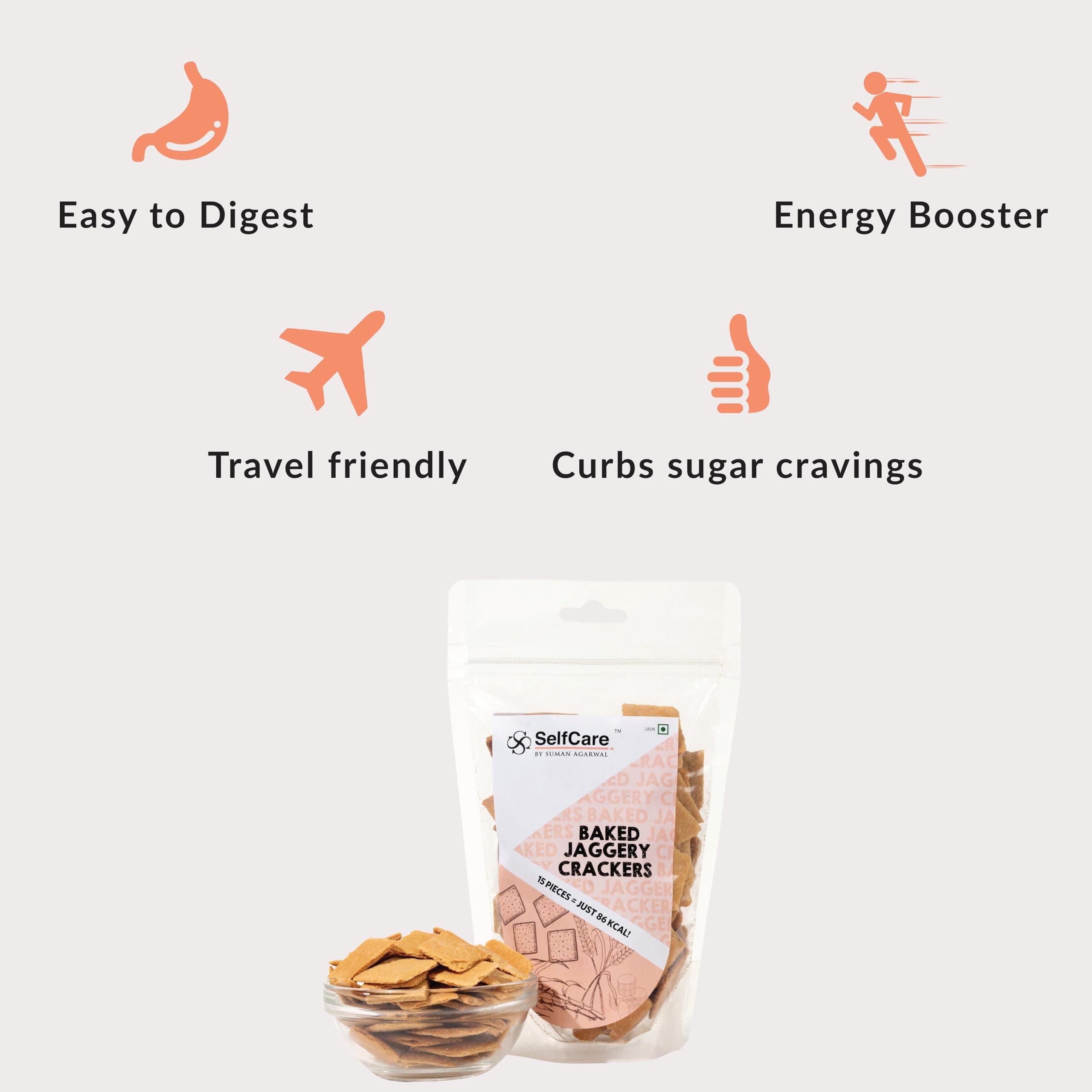 SelfCare By Suman Agarwal Baked Jaggery Crackers - 125g (Pack of 1) | Healthy | Sweet - Snacks - Namkeen - Grocery | Crunchy - Tea time Snacking | Travel & Jain Friendly | No Added Preservatives — image 3