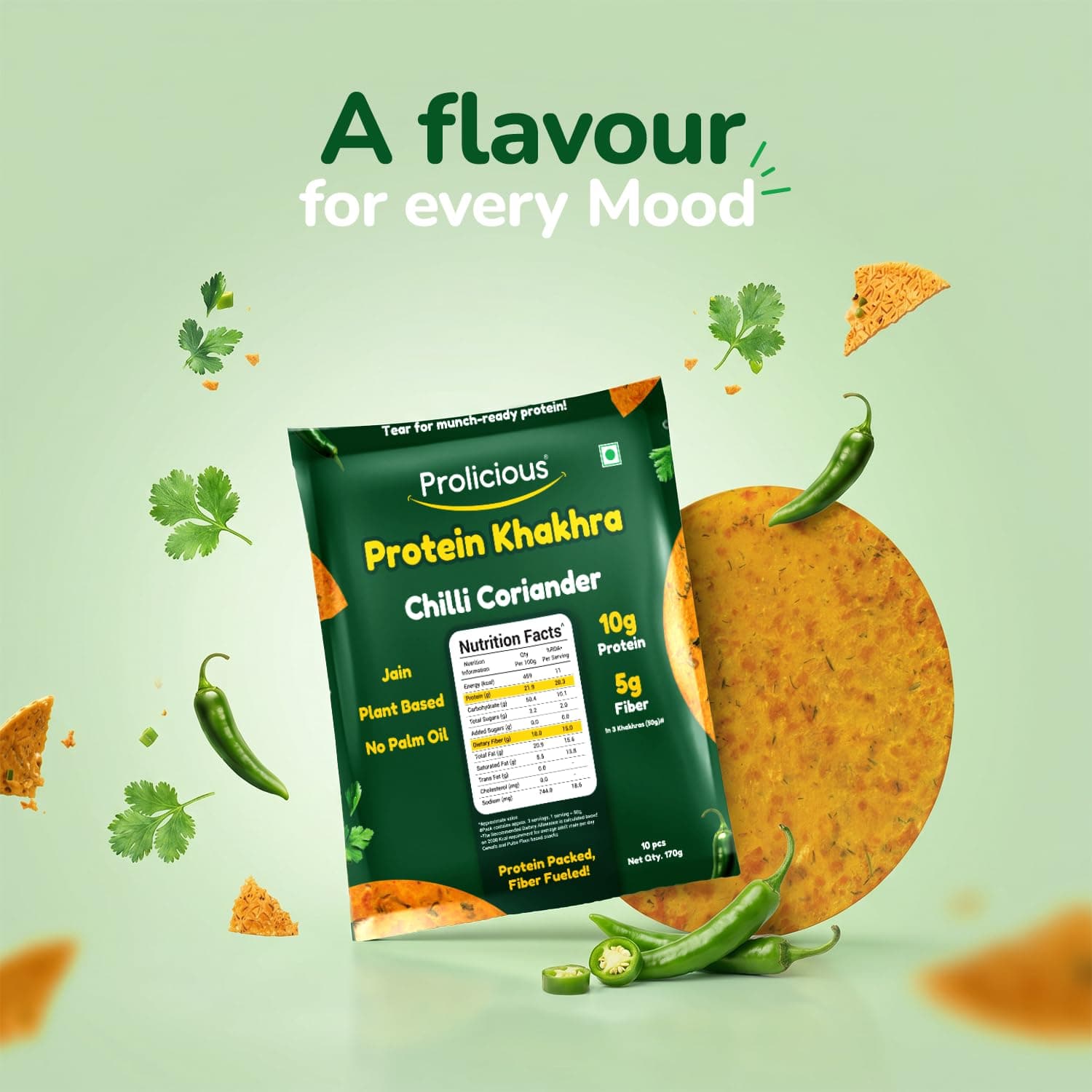 Prolicious Khakhra Chilli Coriander High Protein Khakhra | Upgrade Your Snacking | 10g Protein + 5g Fibre | Same Crunch, Snack Smarter | Plant Based, Jain | No Palm Oil | 170g (Pack of 3) — image 5