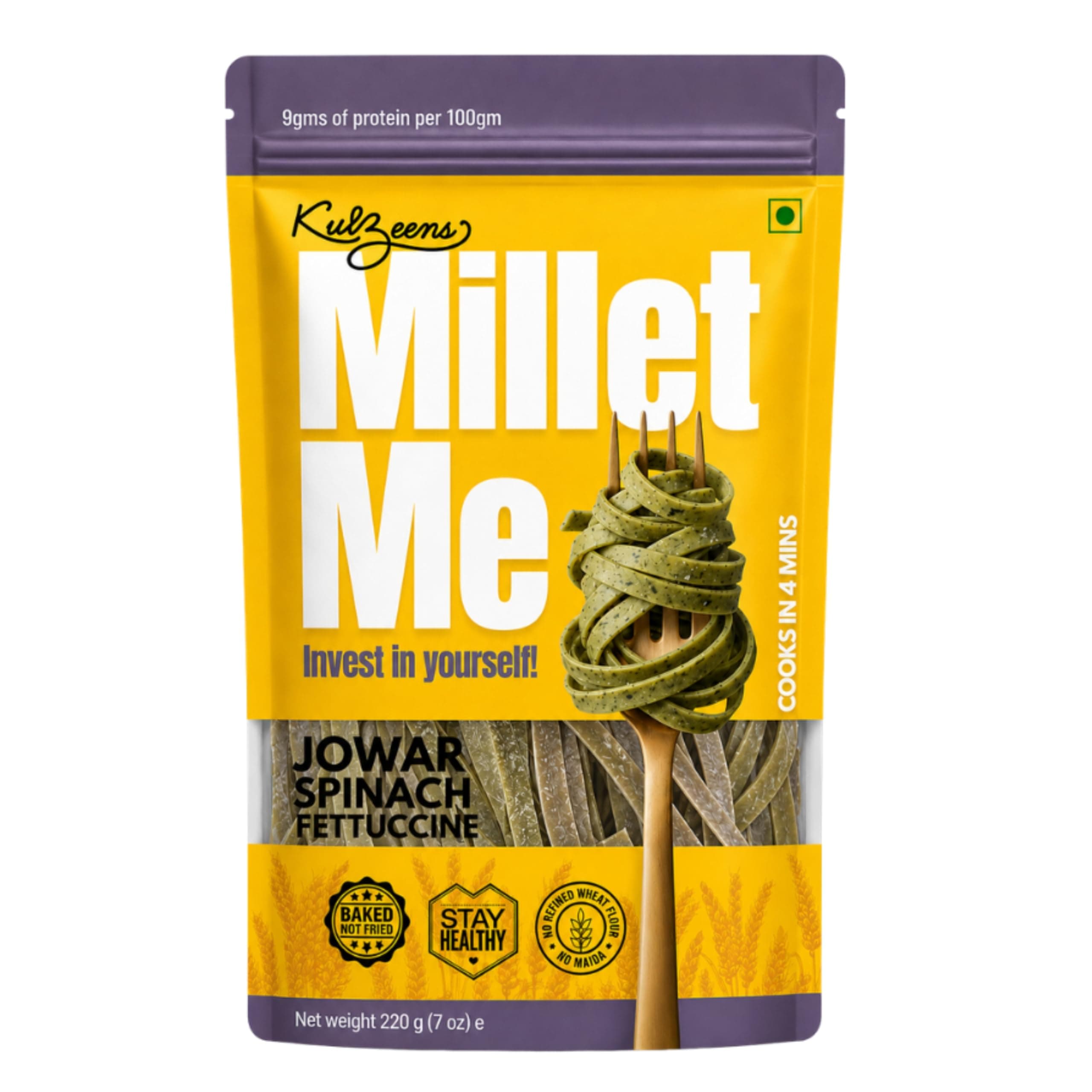 Millet Me by Kuizeens Spinach Jowar Fettuccine Pasta - 110g Each, Pack Of 1 | Gluten-free Sorghum Pasta | Natural Spinach, High Fiber & Iron | Vegan & Maida-free