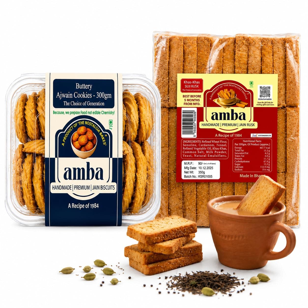 Amba Handmade Premium Jain Snack Combo | Buttery Ajwain Cookies 300g & Khas-Khas Suji Rusk 350g | Crispy Tea-Time Biscuits & Rusk | Fresh Bakery Snacks | Vegetarian Delight — image 3