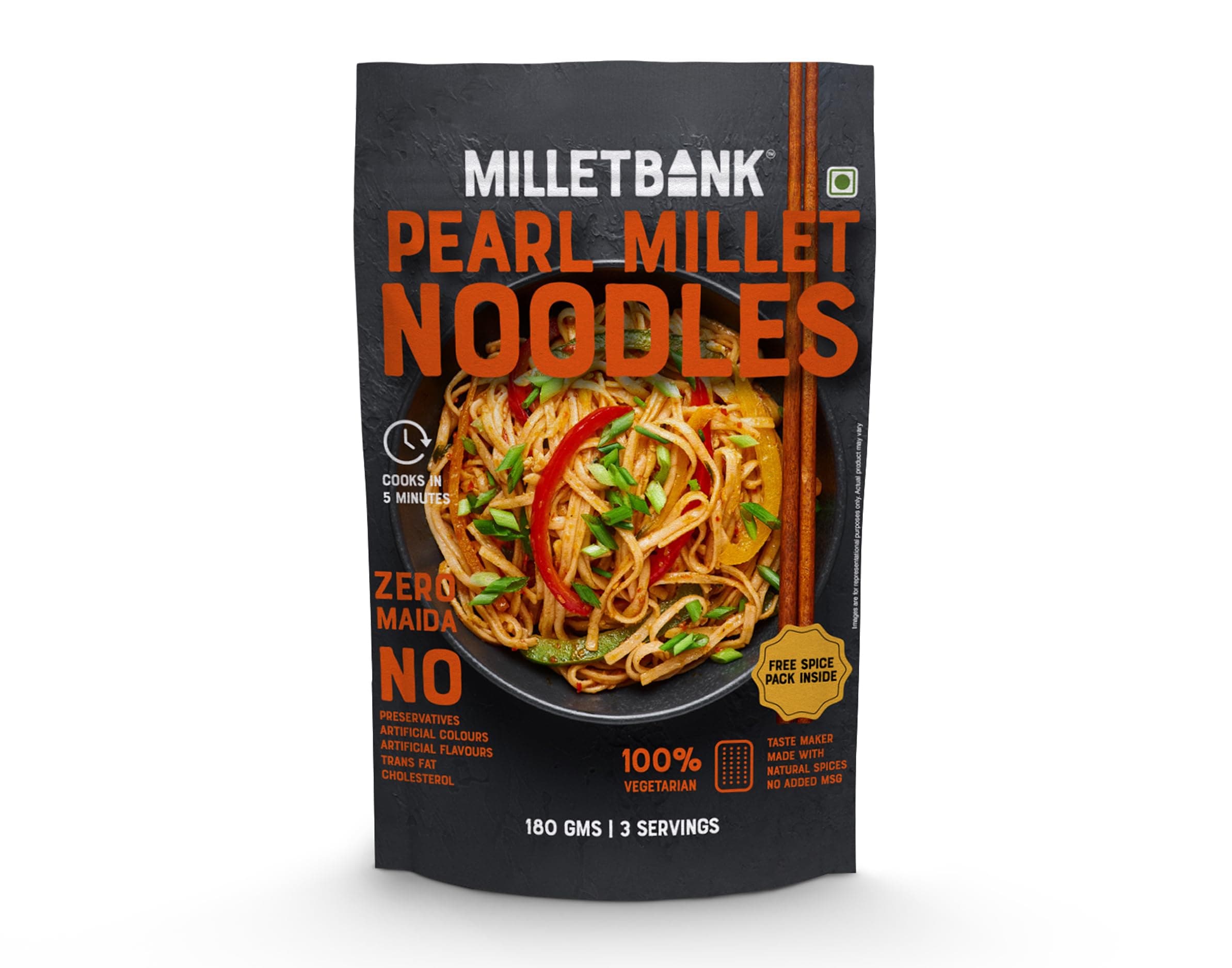 Millet Bank No Maida Foxtail Millet Hakka Noodles combo Free Masala Pack Inside, No Maida, Not Fried, No MSG, No Added Preservatives, Noodles for All Age Groups Naturally Yours ,Cup Noodles Pack of 2 180g Each — image 3